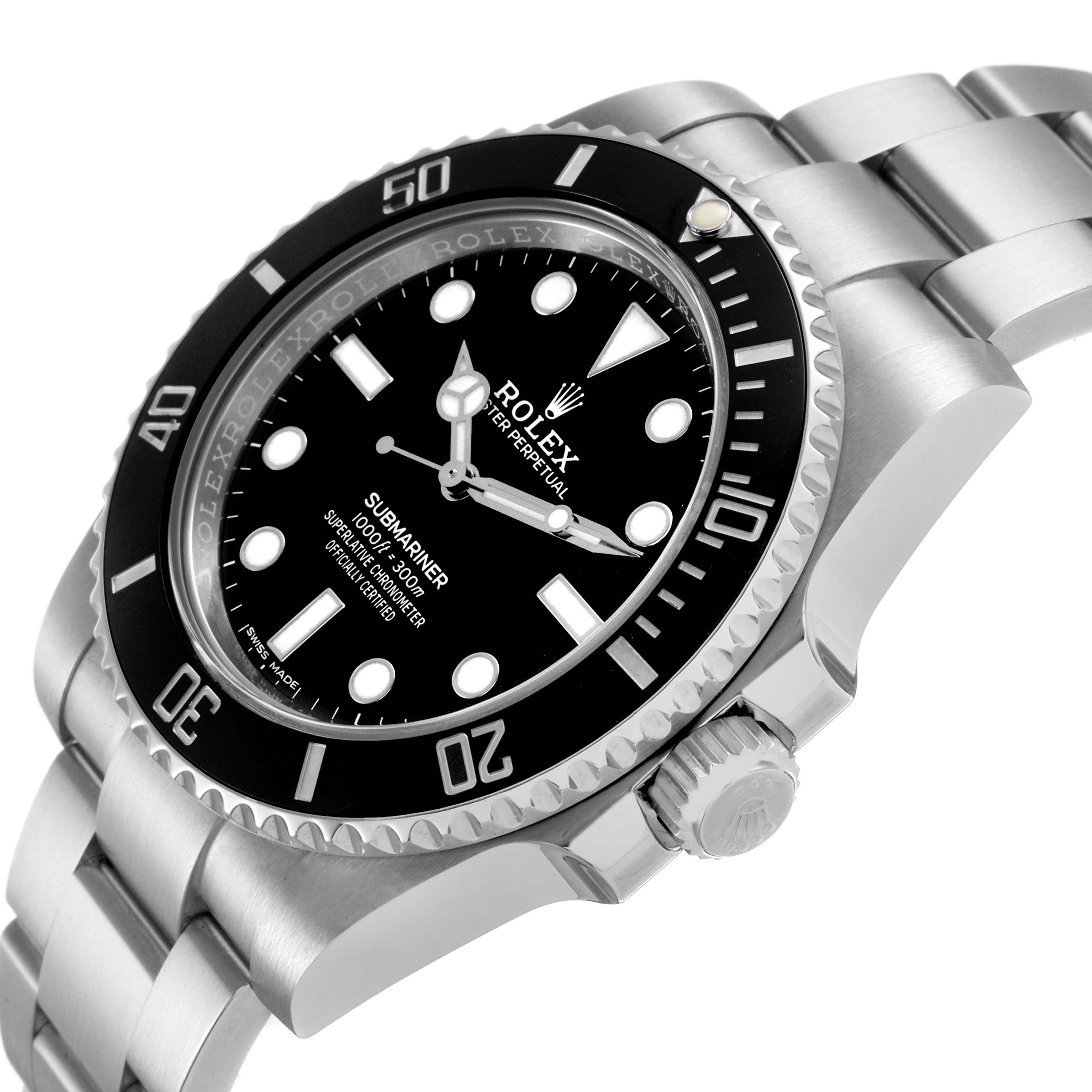 The Rolex Submariner 114060 Men's Stainless Steel Black Dial watch is shown at an angle highlighting the bezel, crown, and bracelet.