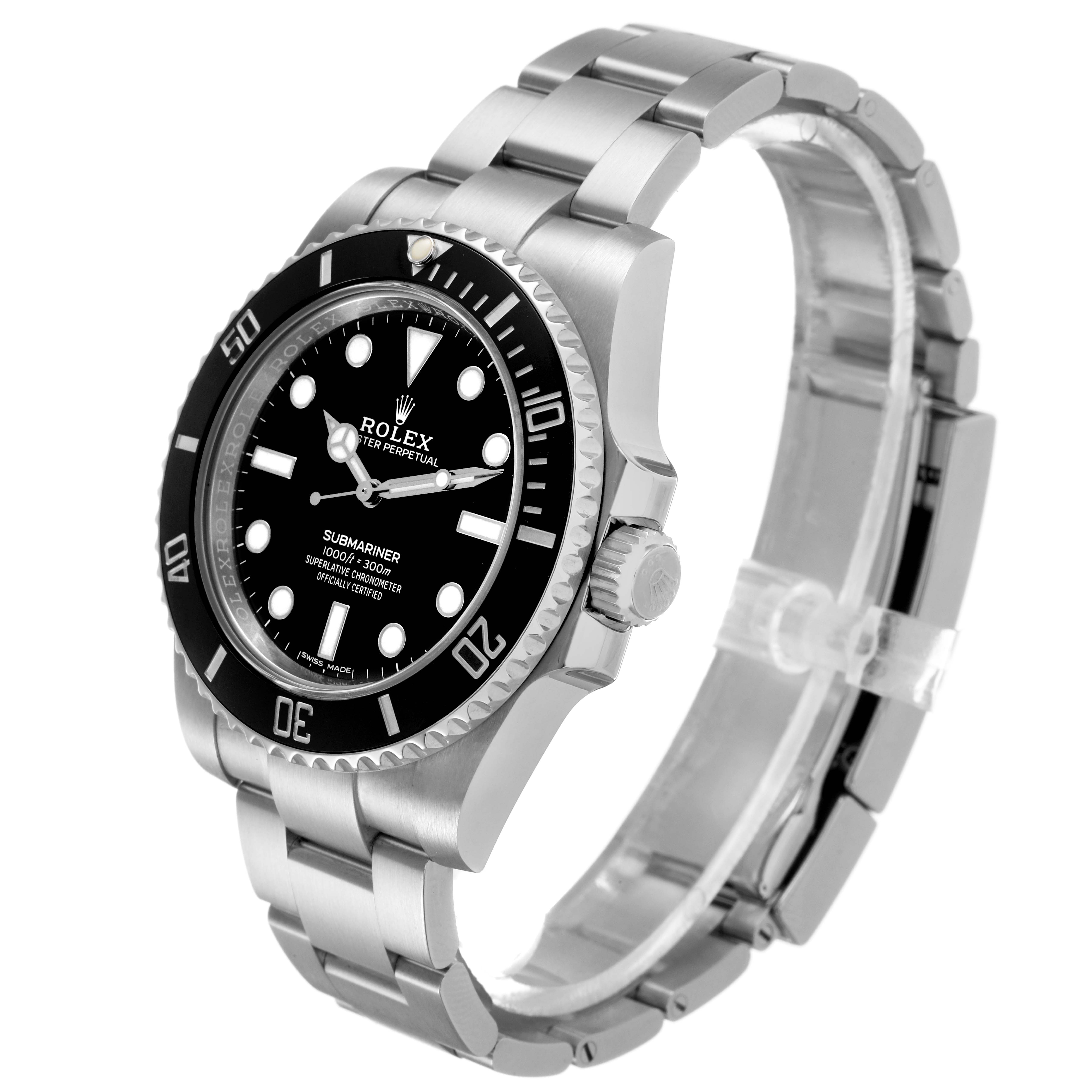 The Rolex Submariner 114060 Men's Stainless Steel Black Dial watch is shown at an oblique angle, highlighting its face, bezel, crown, and bracelet side.