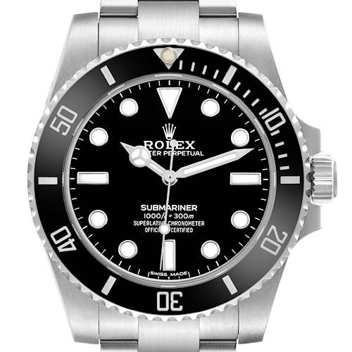 The image shows a front view of the Rolex Submariner 114060 Men's Stainless Steel Black Dial, highlighting its dial, bezel, and part of the bracelet.
