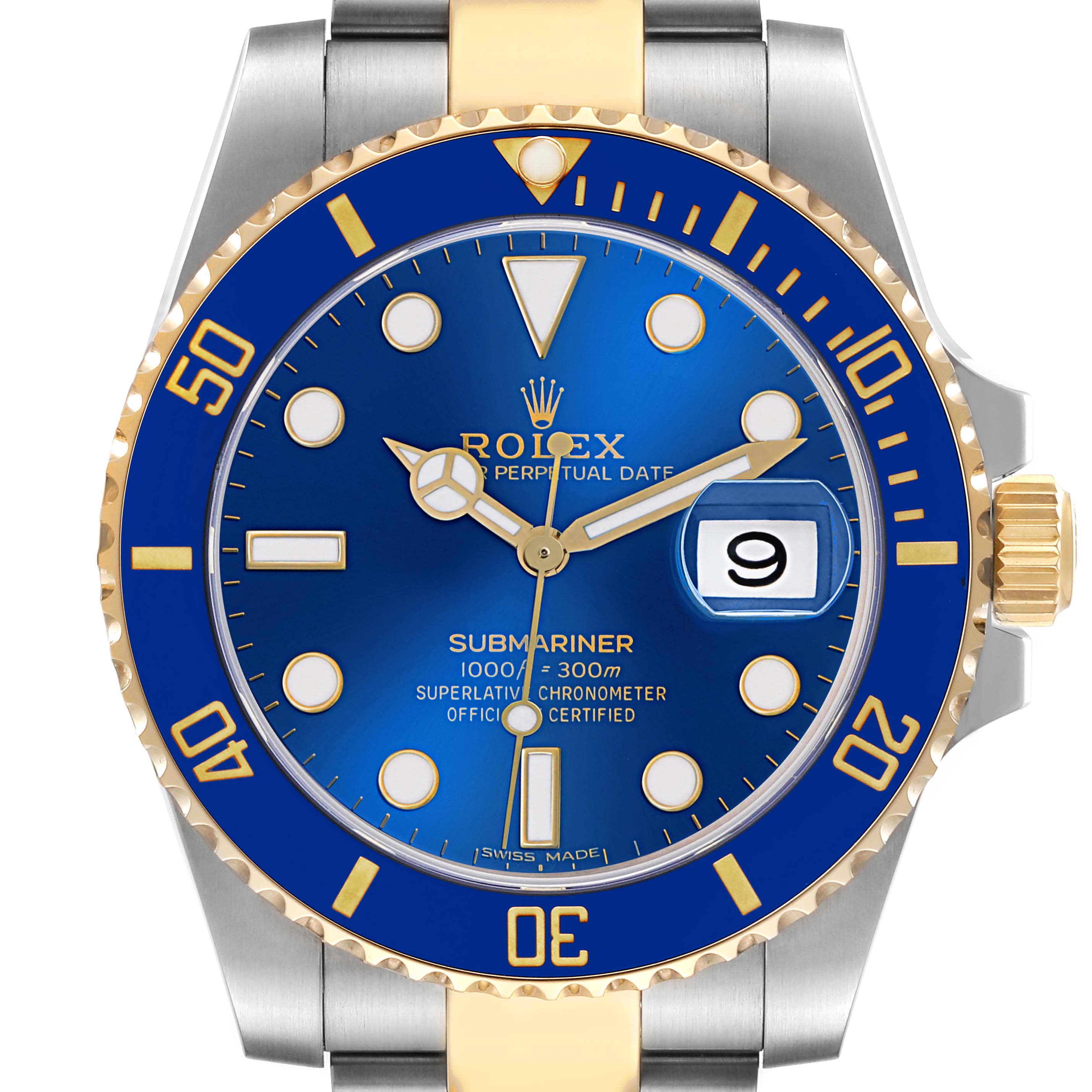 The Rolex Submariner 116613 Men
s Steel and Gold (two tone) Blue Dial 116613 Men
s Steel and Gold (two tone) Blue Dial watch is shown from the front, highlighting the blue dial, bezel, and gold and silver bracelet.