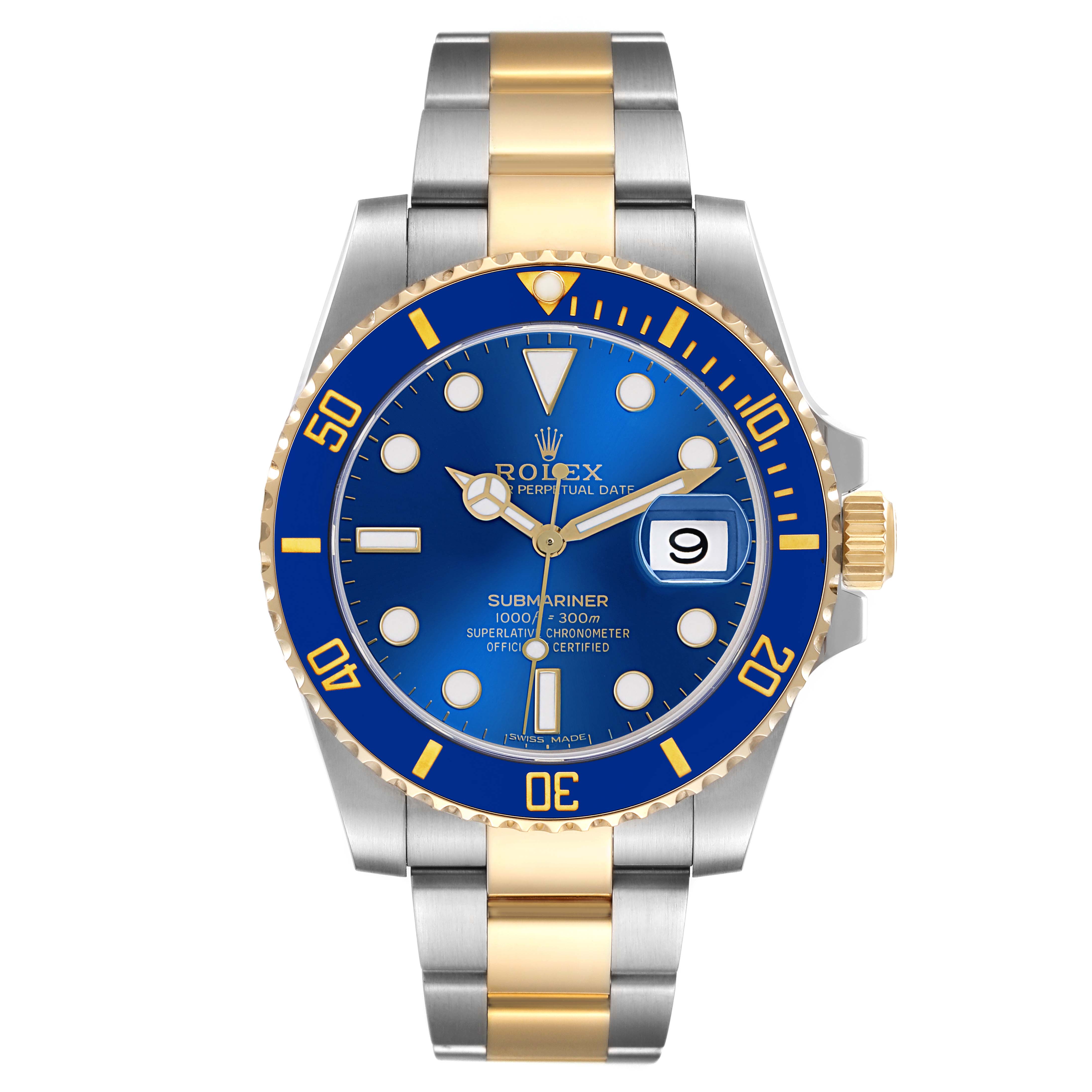 The Rolex Submariner 116613 Men
s Steel and Gold (two tone) Blue Dial 116613 Men
s Steel and Gold (two tone) Blue Dial is shown from a front angle, featuring its blue dial, date function, gold bezel, and two-tone metal bracelet.