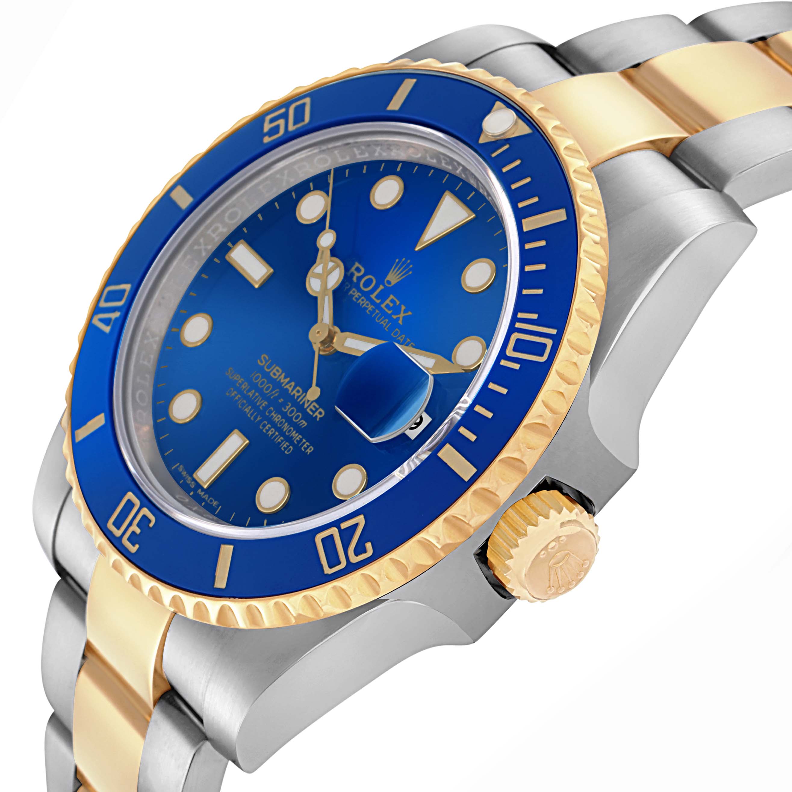 The Rolex Submariner 116613 Men
s Steel and Gold (two tone) Blue Dial 116613 Men
s Steel and Gold (two tone) Blue Dial watch is shown at an angle displaying its blue dial, gold and silver bracelet, bezel, and crown.