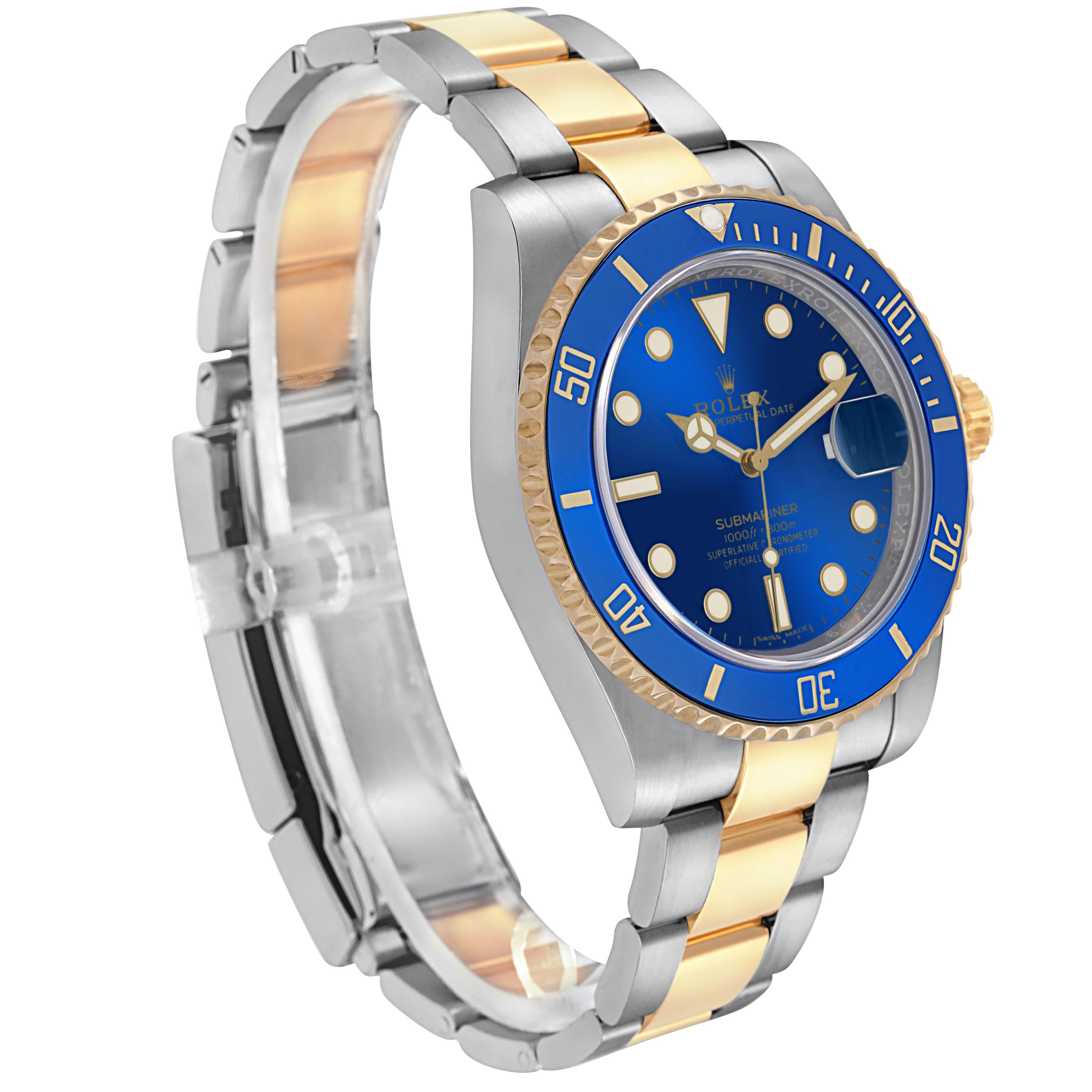 The Rolex Submariner 116613 Men
s Steel and Gold (two tone) Blue Dial 116613 Men
s Steel and Gold (two tone) Blue Dial watch is shown at an oblique angle, highlighting the blue dial, gold bezel, and two-tone bracelet.