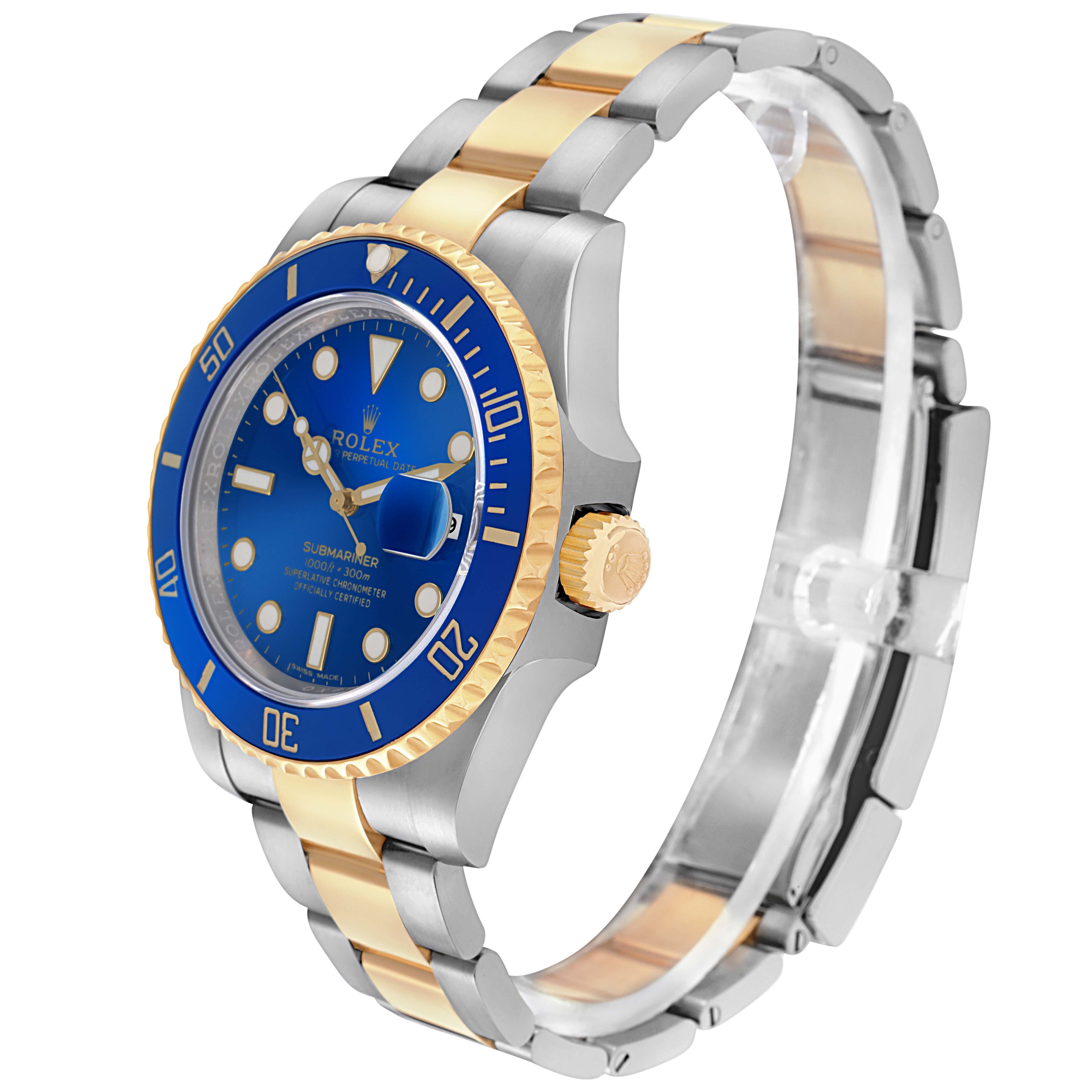 The Rolex Submariner 116613 Men
s Steel and Gold (two tone) Blue Dial 116613 Men
s Steel and Gold (two tone) Blue Dial watch is shown at a three-quarter angle, highlighting the blue dial, bezel, and two-tone bracelet.