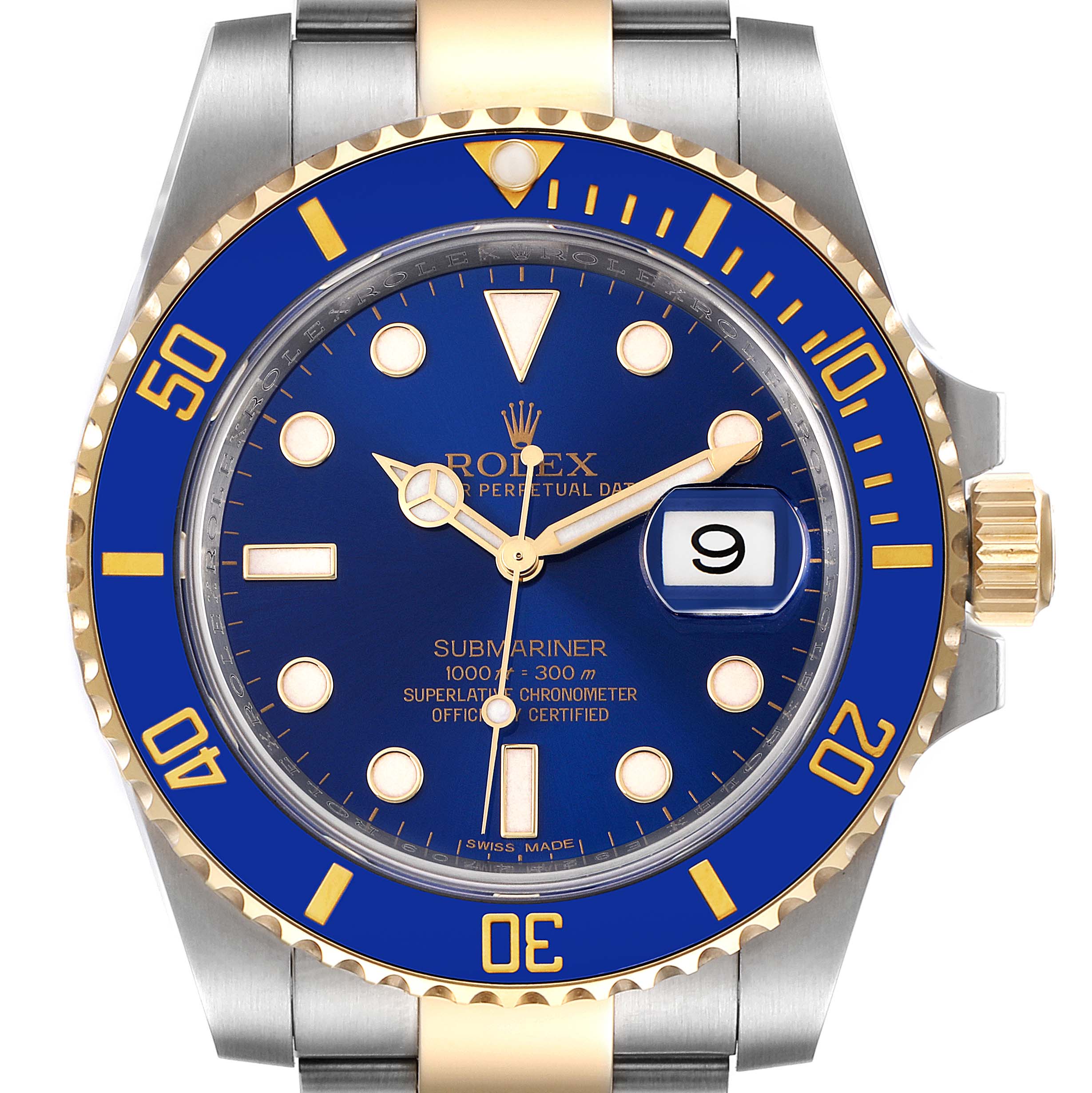 This image shows a front view of the Rolex Submariner 116613 Men
s Steel and Gold (two tone) Blue Dial 116613 Men
s Steel and Gold (two tone) Blue Dial watch, highlighting its blue dial, date window, bezel, and part of the metal strap.