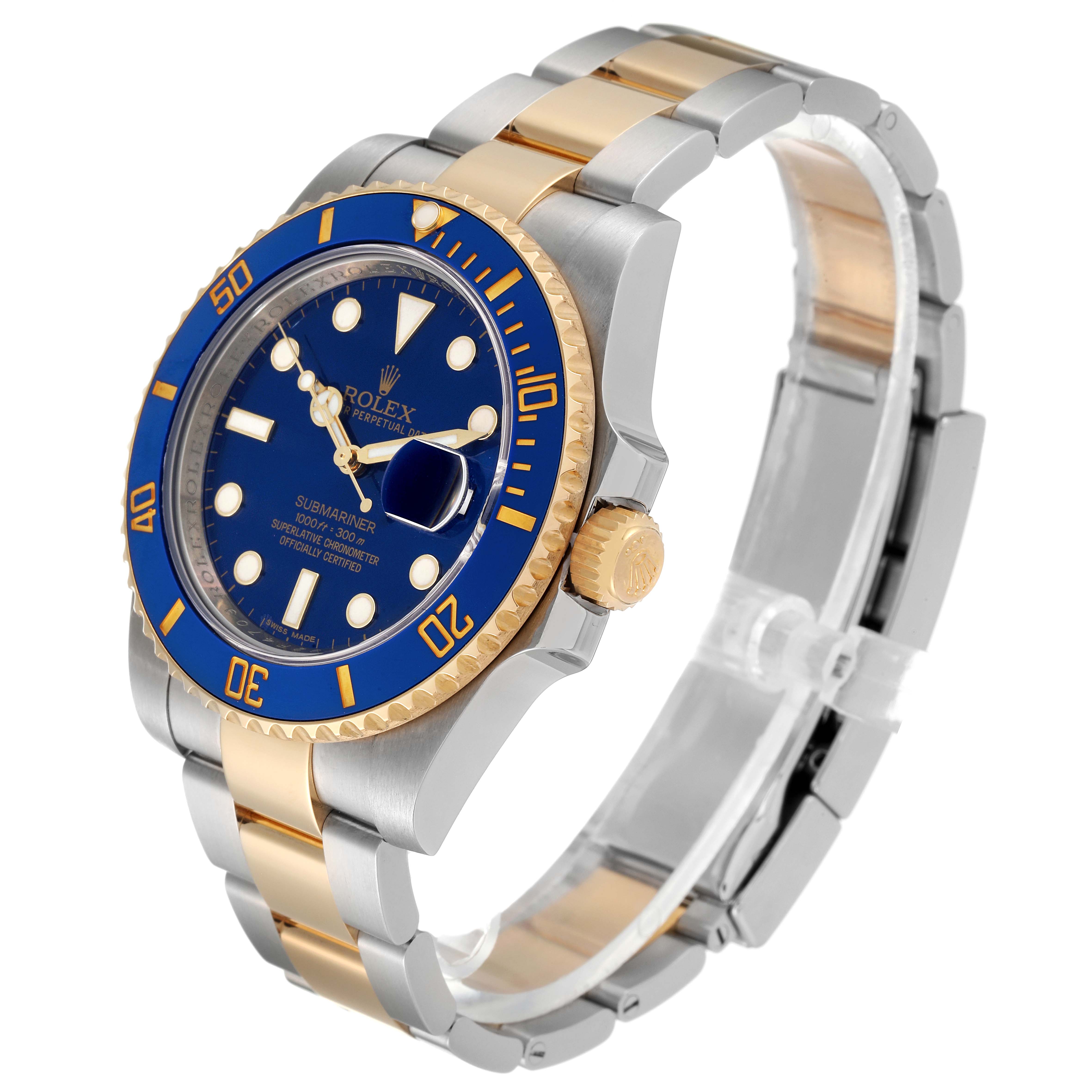 The Rolex Submariner 116613 Men
s Steel and Gold (two tone) Blue Dial 116613 Men
s Steel and Gold (two tone) Blue Dial watch is shown at a slight angle, displaying its blue dial, bezel, and two-tone bracelet.