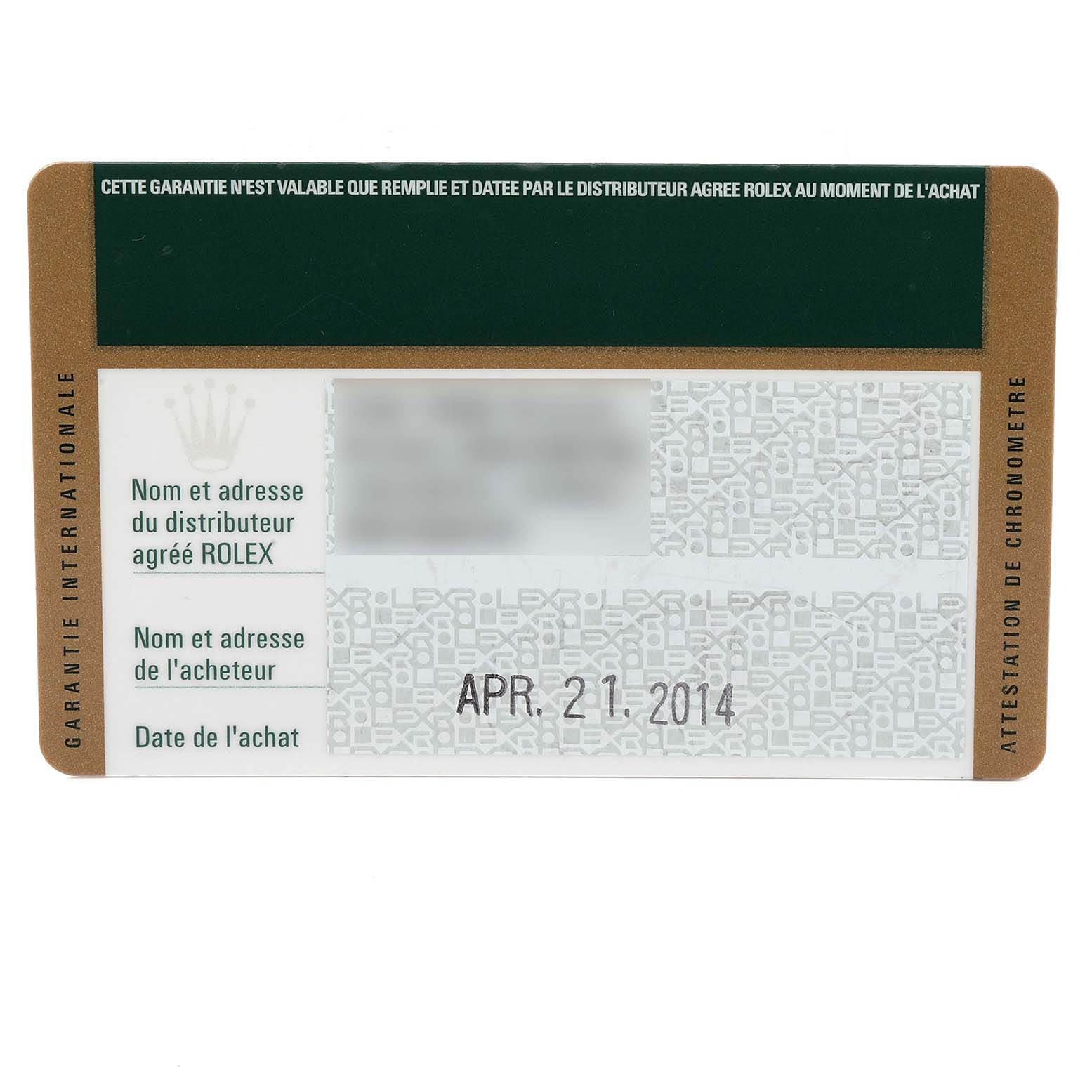 This image shows a warranty card for a Rolex Submariner 116613 Men
s Steel and Gold (two tone) Blue Dial 116613 Men
s Steel and Gold (two tone) Blue Dial watch, dated April 21, 2014.