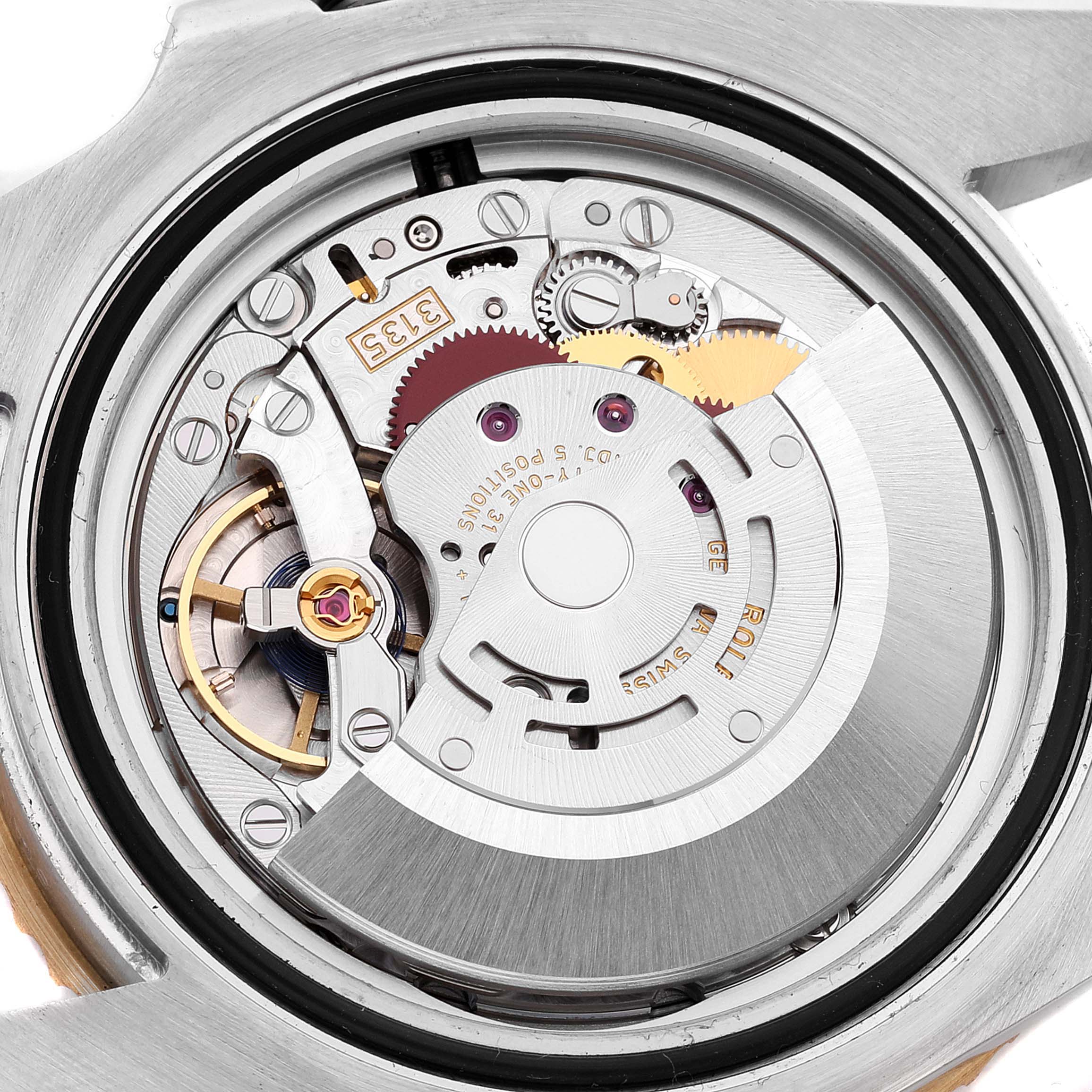This image shows the internal mechanical components of a Rolex Submariner 116613 Men
s Steel and Gold (two tone) Blue Dial 116613 Men
s Steel and Gold (two tone) Blue Dial watch from a rear view angle.