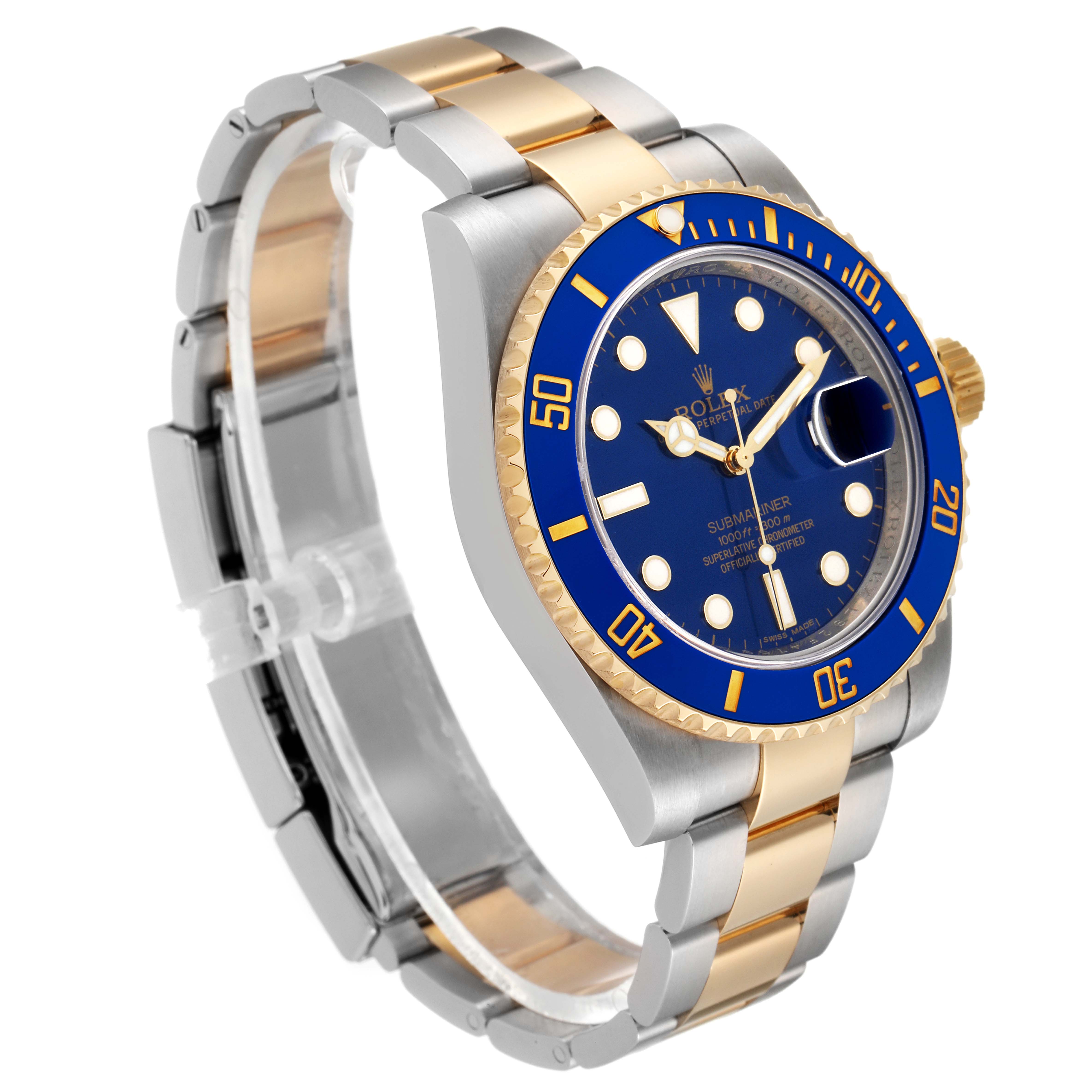This image shows a Rolex Submariner 116613 Men
s Steel and Gold (two tone) Blue Dial 116613 Men
s Steel and Gold (two tone) Blue Dial watch at an angled view, highlighting the blue dial, two-tone gold and silver bracelet, and ceramic bezel.
