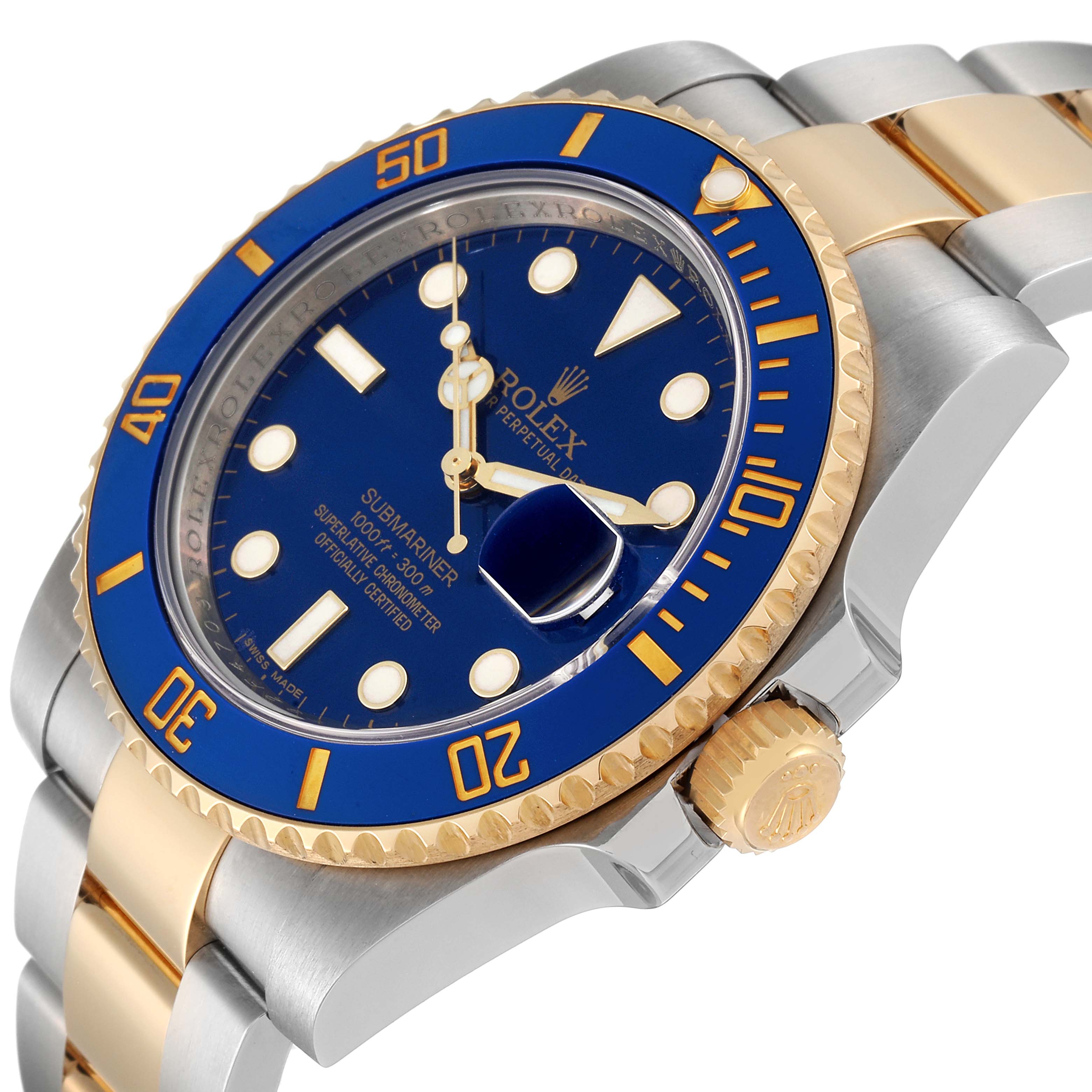 This image shows a partial side and front view of a Rolex Submariner 116613 Men
s Steel and Gold (two tone) Blue Dial 116613 Men
s Steel and Gold (two tone) Blue Dial with a blue and gold bezel, blue dial, and gold crown.