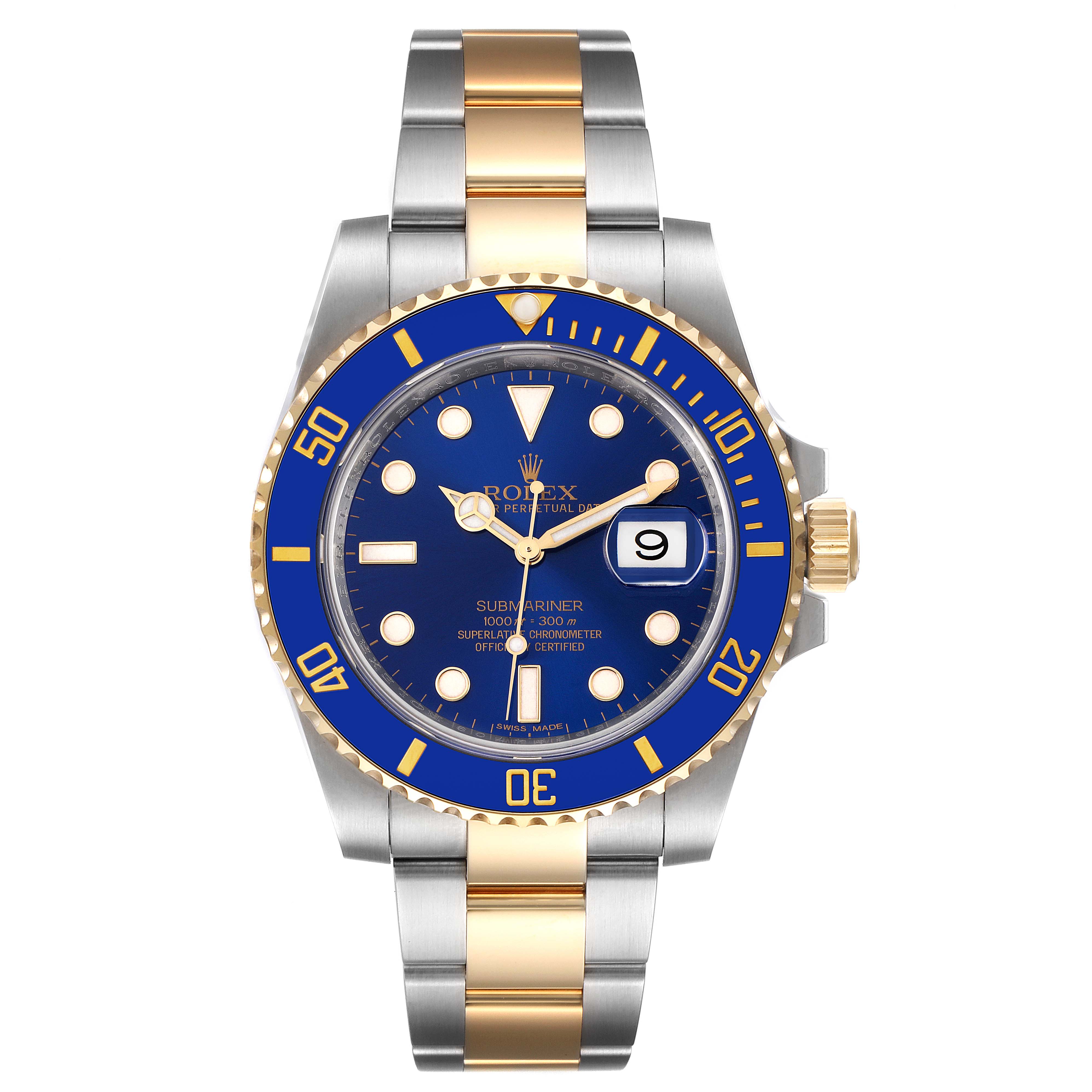 This image shows a front view of the Rolex Submariner 116613 Men
s Steel and Gold (two tone) Blue Dial 116613 Men
s Steel and Gold (two tone) Blue Dial, featuring the dial, bezel, crown, and part of the bracelet.
