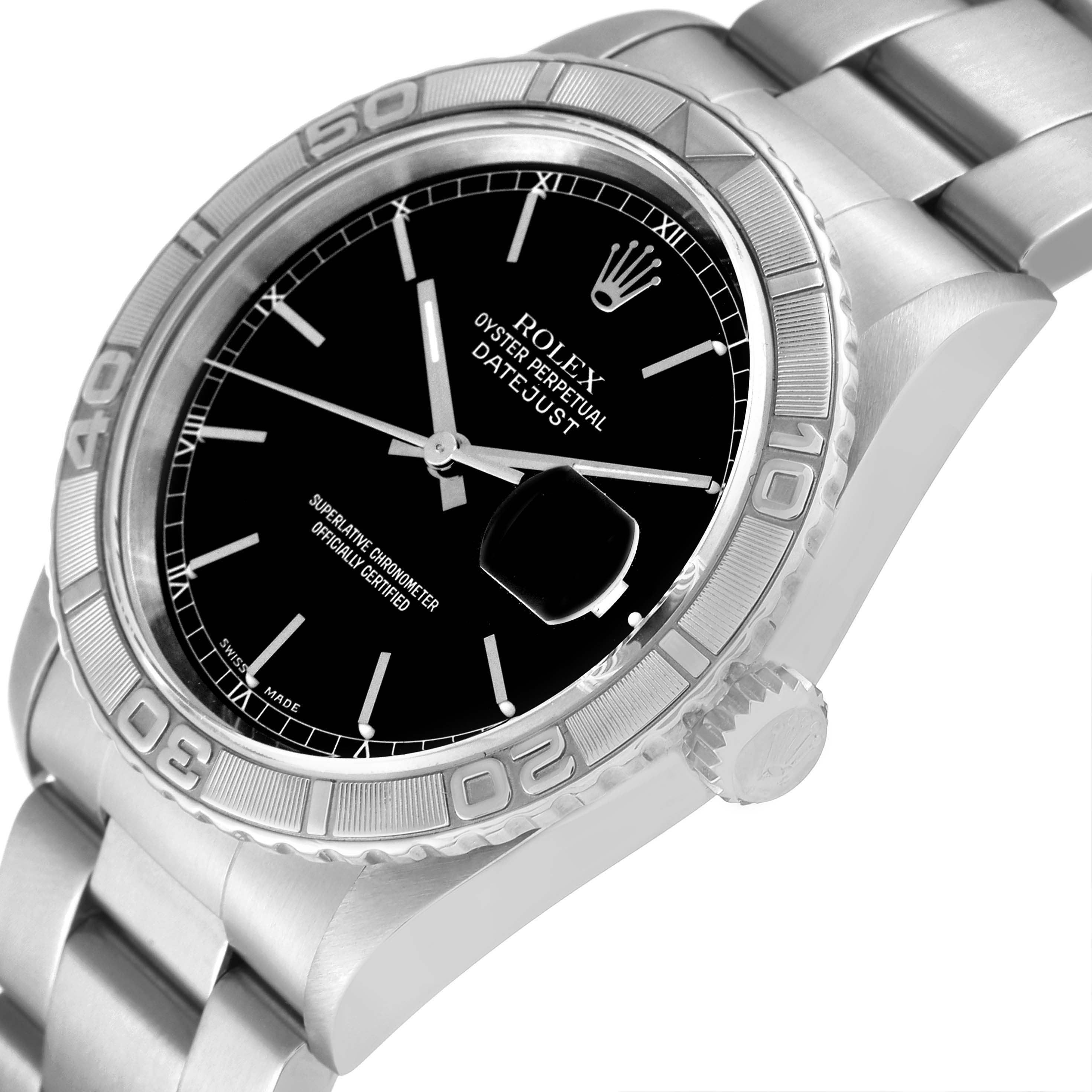 The image shows a side angle of the Rolex Turn-o-Graph 16264 Men
s Stainless Steel Black Dial 16264 Men
s Stainless Steel Black Dial watch, highlighting its bezel, dial, and bracelet.