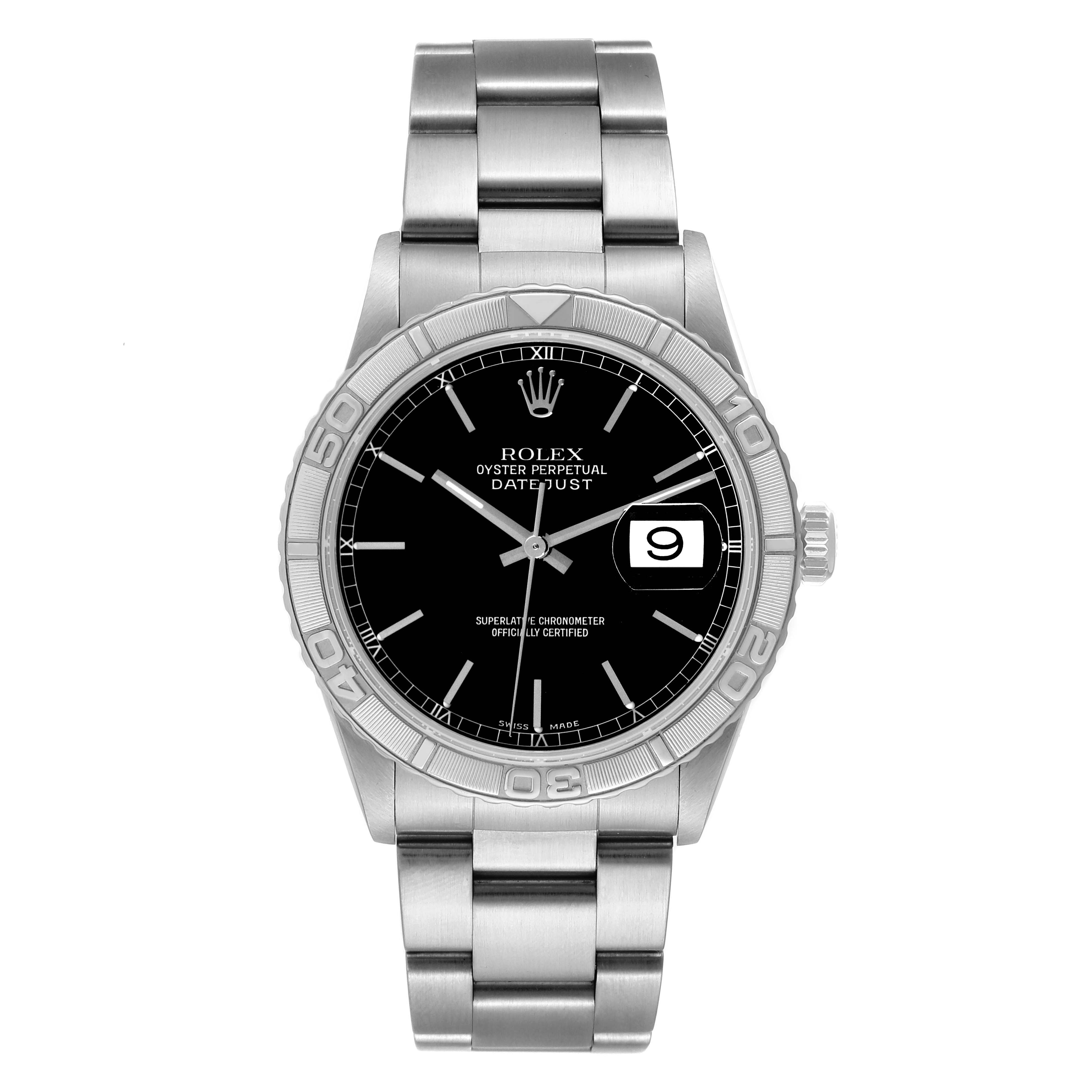 The image shows a front view of the Rolex Turn-o-Graph 16264 Men
s Stainless Steel Black Dial 16264 Men
s Stainless Steel Black Dial watch, displaying its face, bezel, and bracelet.