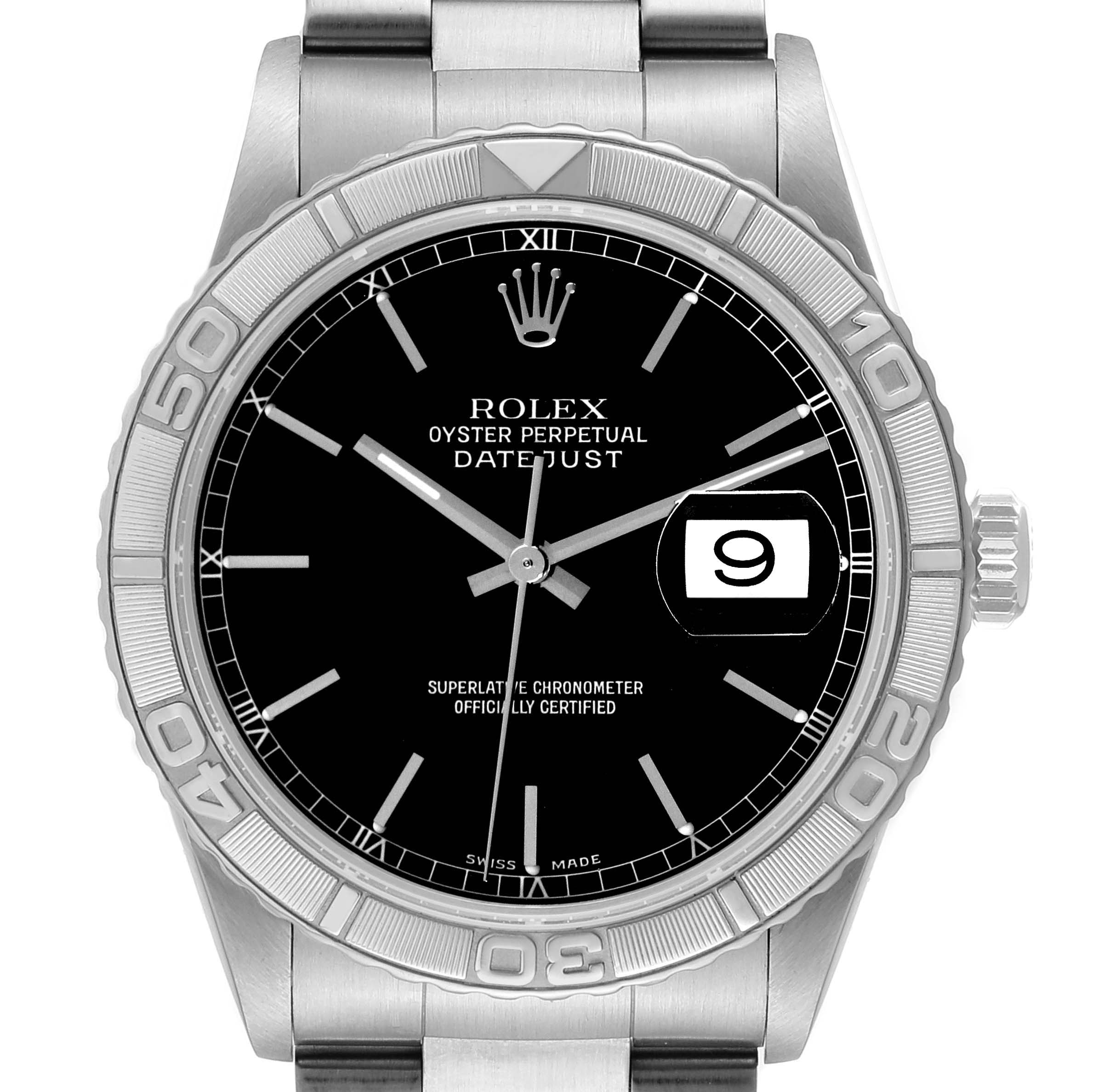 The image shows a front view of the Rolex Turn-o-Graph 16264 Men
s Stainless Steel Black Dial 16264 Men
s Stainless Steel Black Dial watch, highlighting the dial, bezel, and bracelet.
