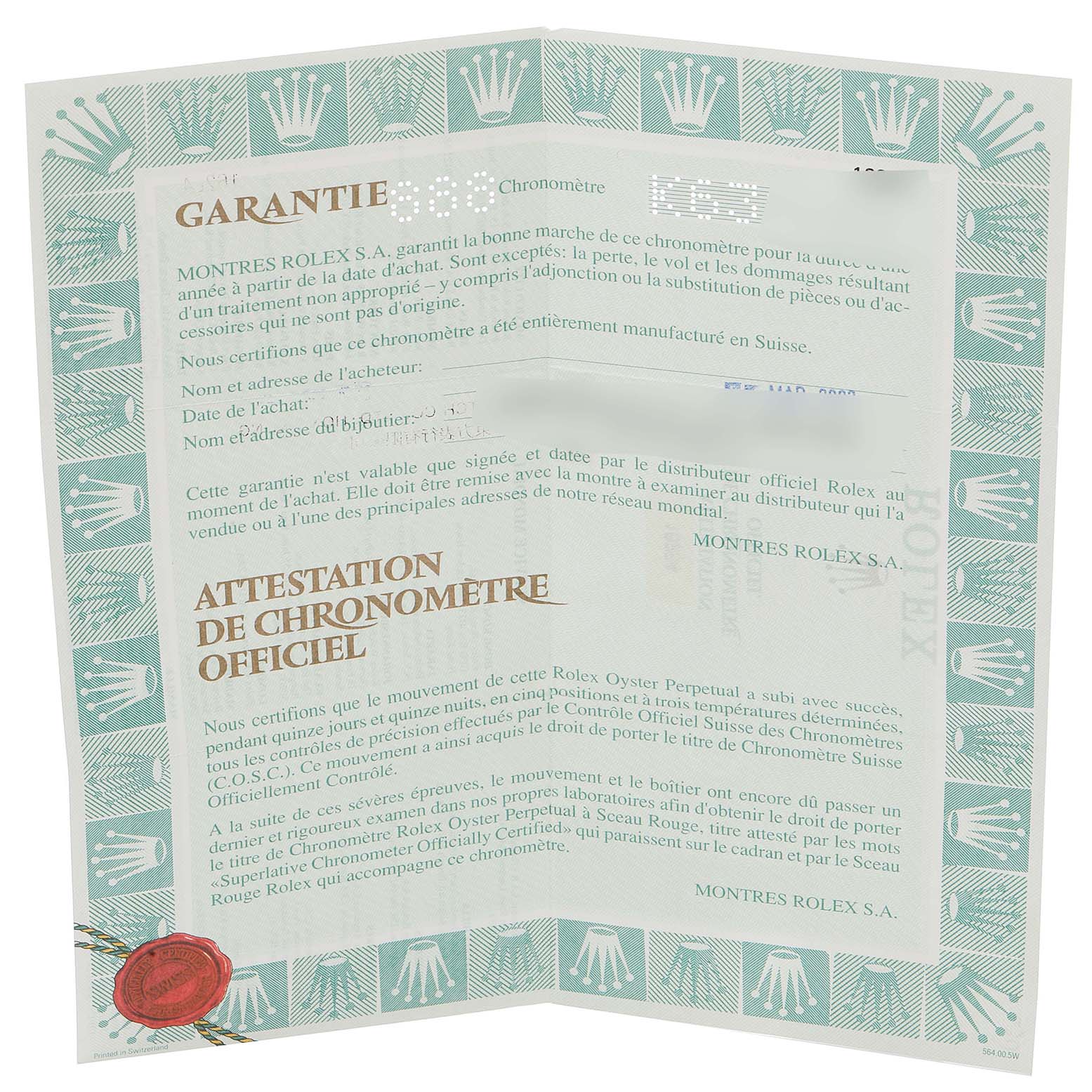 The image shows a guarantee and chronometer certificate for a Rolex Turn-o-Graph 16264 Men
s Stainless Steel Black Dial 16264 Men
s Stainless Steel Black Dial watch, viewed flat and open.