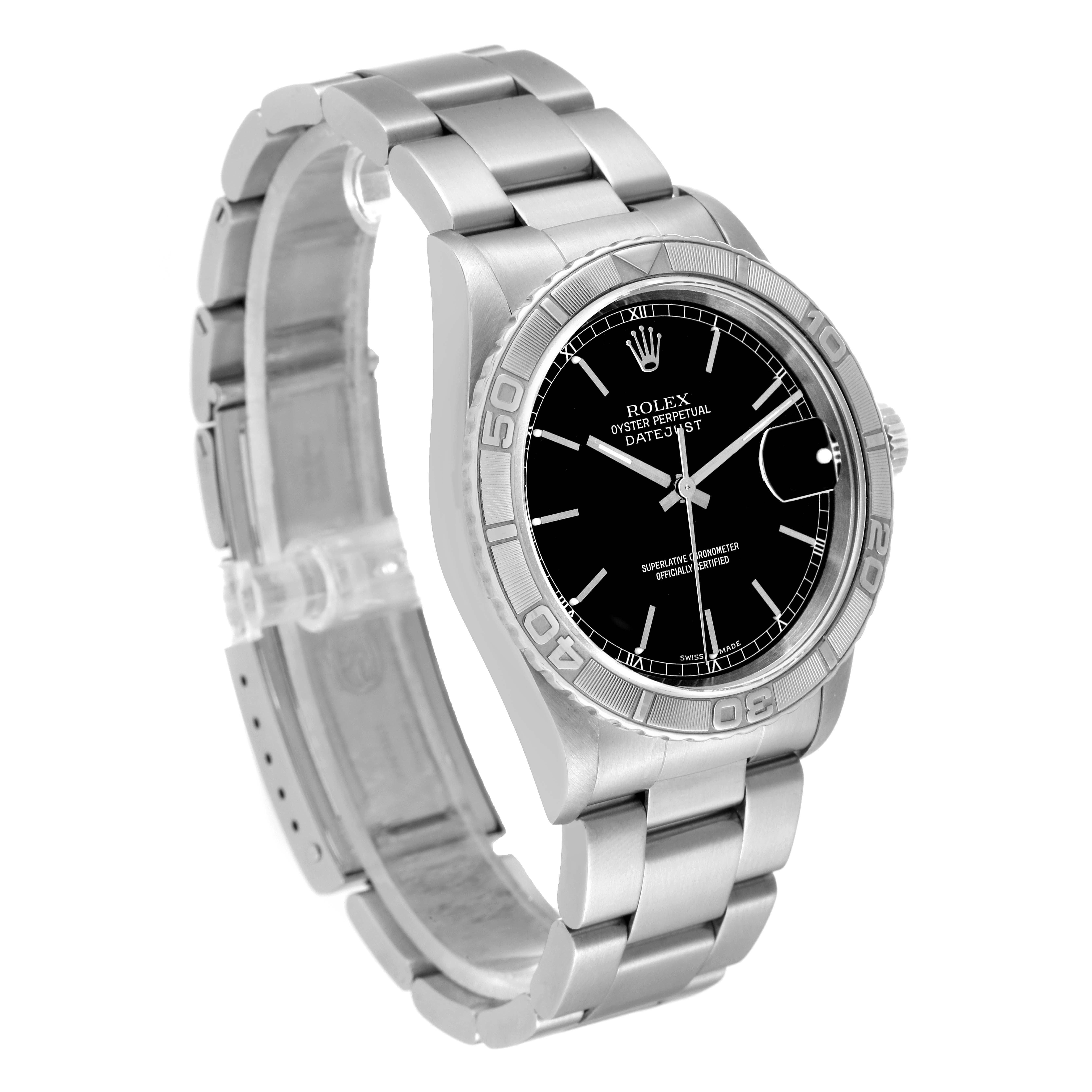 The Rolex Turn-o-Graph 16264 Men
s Stainless Steel Black Dial 16264 Men
s Stainless Steel Black Dial watch is shown at a 3/4 angle, displaying the face, bezel, crown, and bracelet.