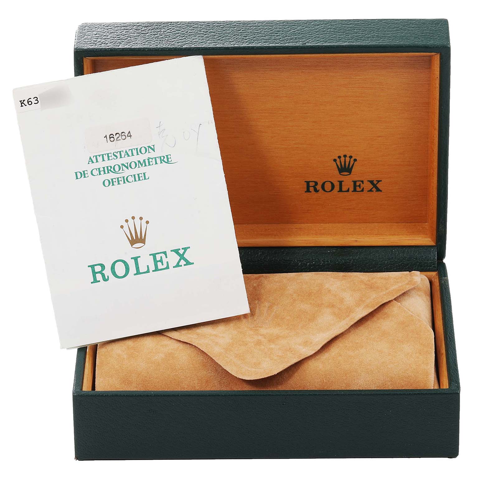 The image shows the box and certification papers for the Rolex Turn-o-Graph 16264 Men
s Stainless Steel Black Dial 16264 Men
s Stainless Steel Black Dial model.
