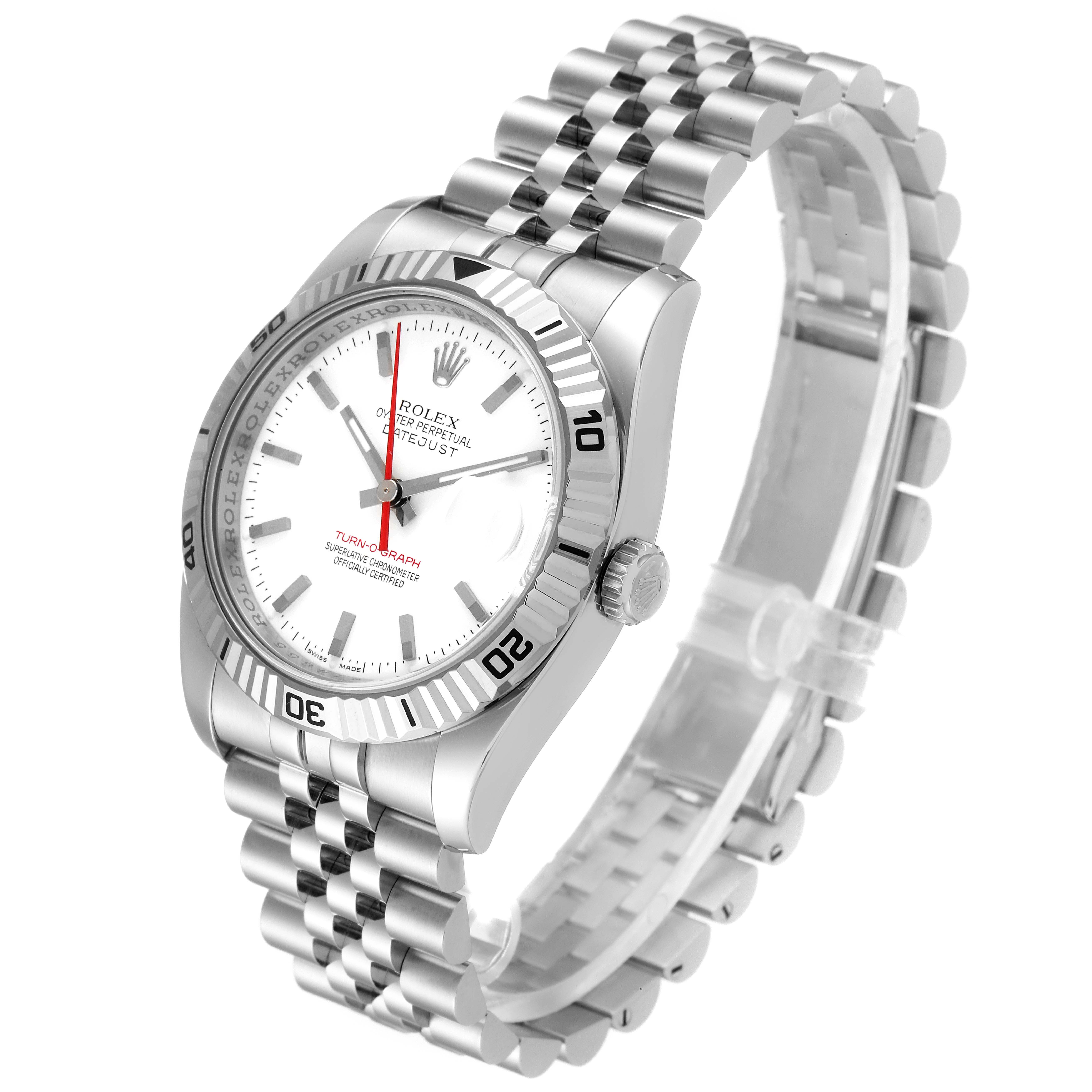 This Rolex Turn-o-Graph 116264 Men
s Stainless Steel White Dial 116264 Men
s Stainless Steel White Dial watch is shown at a slight angle, highlighting its face, bezel, crown, and bracelet.