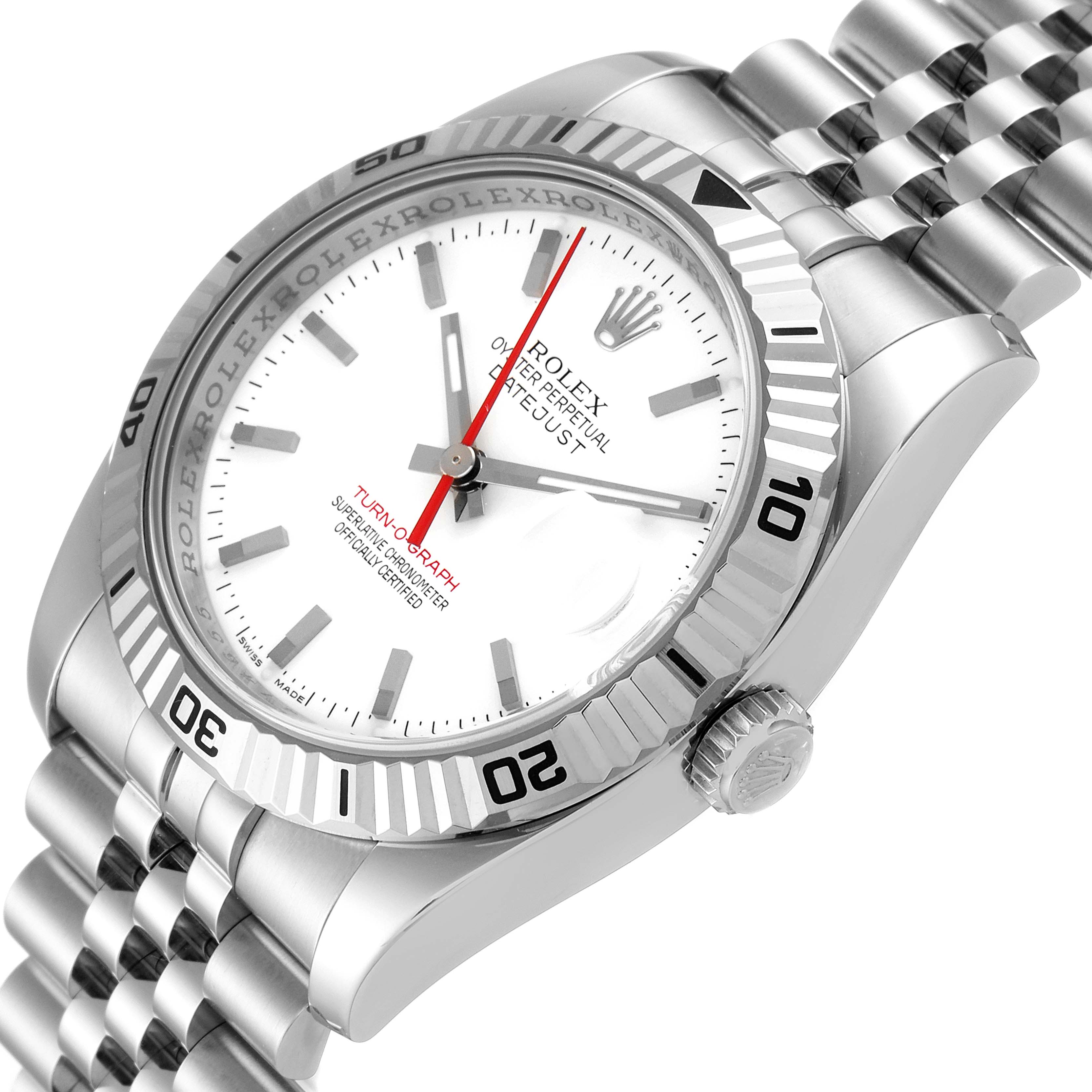 The image shows a Rolex Turn-o-Graph 116264 Men
s Stainless Steel White Dial 116264 Men
s Stainless Steel White Dial watch partially from a side angle highlighting the bezel, crown, and part of the bracelet.