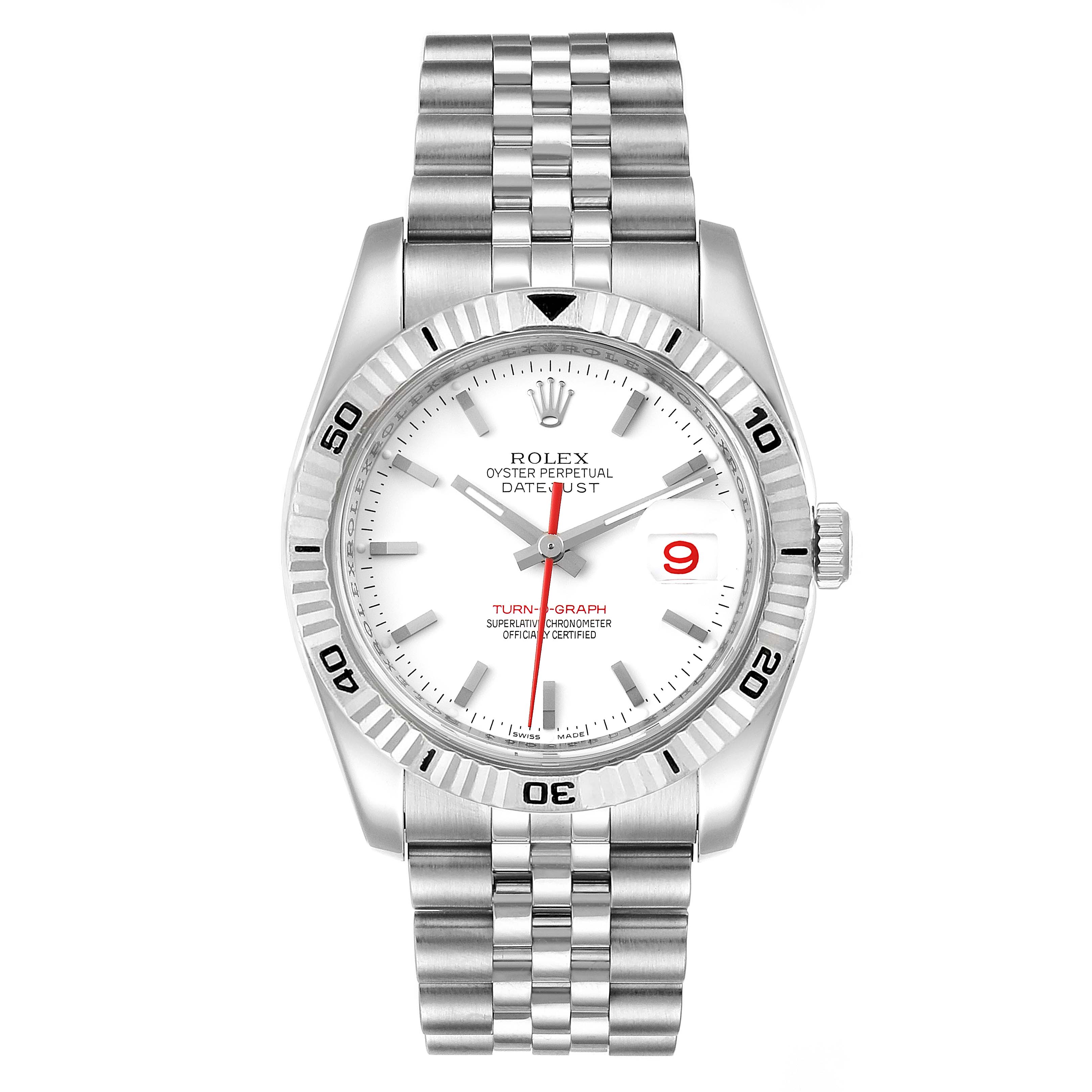 The image shows a front view of a Rolex Turn-o-Graph 116264 Men
s Stainless Steel White Dial 116264 Men
s Stainless Steel White Dial watch, highlighting its dial, bezel, and bracelet.