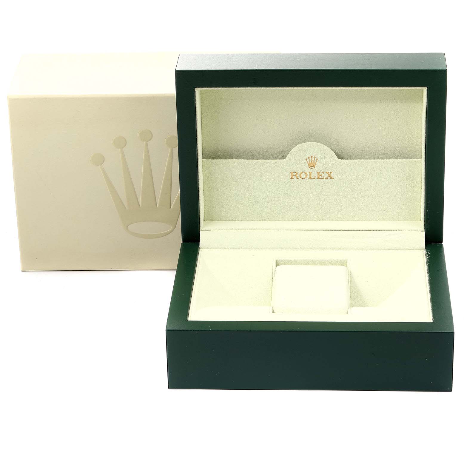 The image shows an open, empty watch box for a Rolex Turn-o-Graph 116264 Men
s Stainless Steel White Dial 116264 Men
s Stainless Steel White Dial, revealing the interior cushion and the branded outer box.