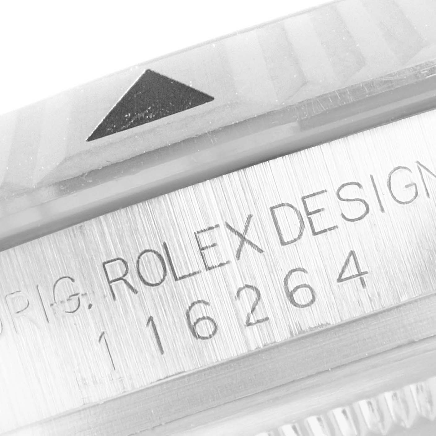 The image shows a close-up of the bezel and model number engraving on a Rolex Turn-o-Graph 116264 Men
s Stainless Steel White Dial 116264 Men
s Stainless Steel White Dial watch.