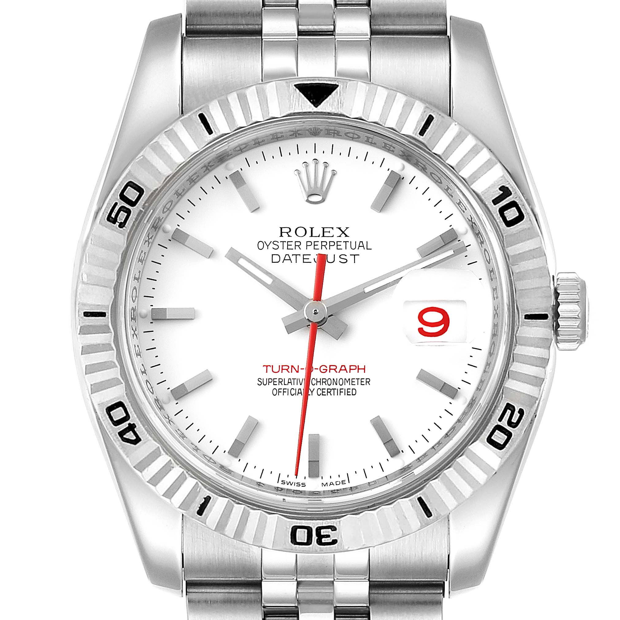This image shows a front view of a Rolex Turn-o-Graph 116264 Men
s Stainless Steel White Dial 116264 Men
s Stainless Steel White Dial watch, highlighting the dial, bezel, bracelet, and crown.
