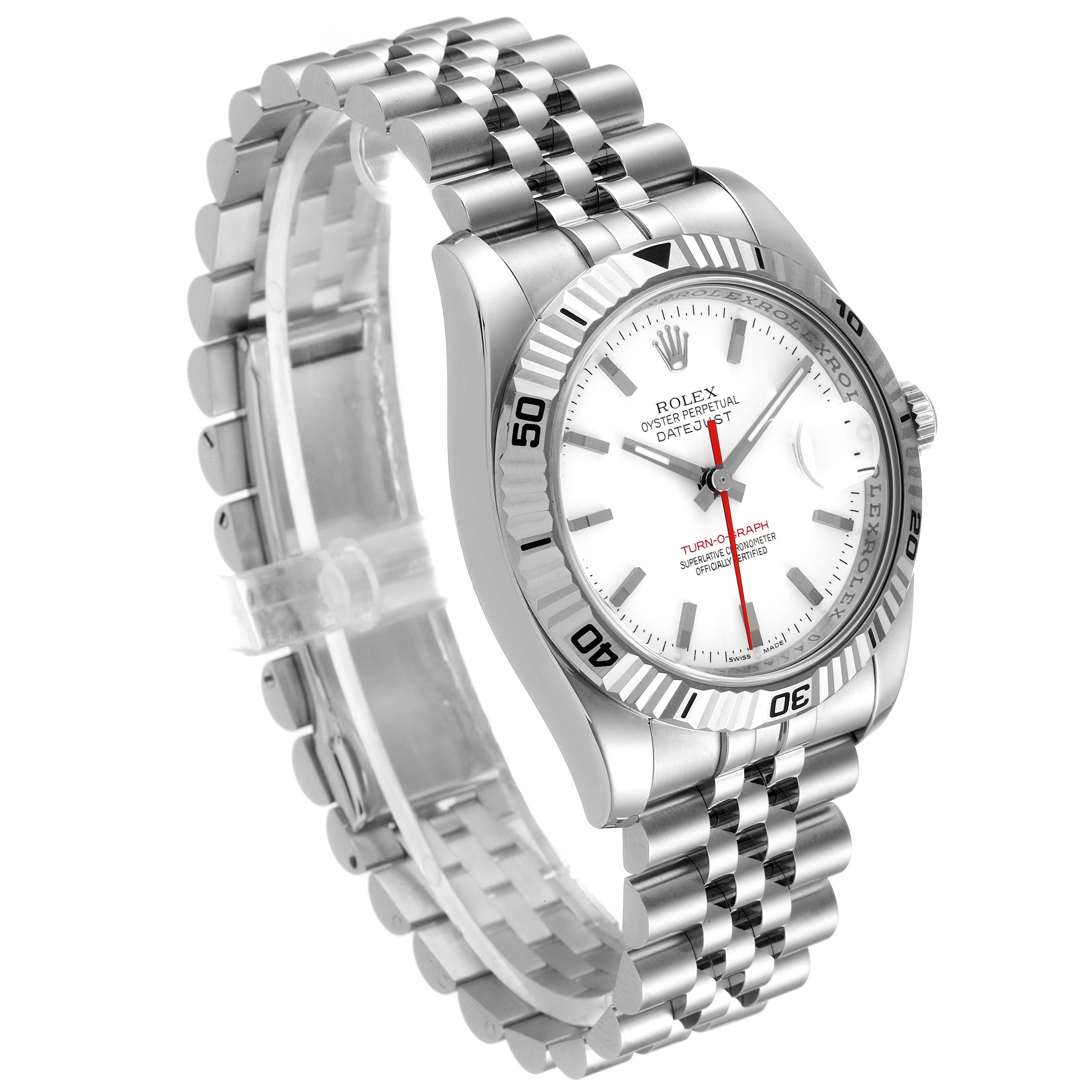This Rolex Turn-o-Graph 116264 Men
s Stainless Steel White Dial 116264 Men
s Stainless Steel White Dial watch is shown at an angle that highlights its face, bezel, and band.