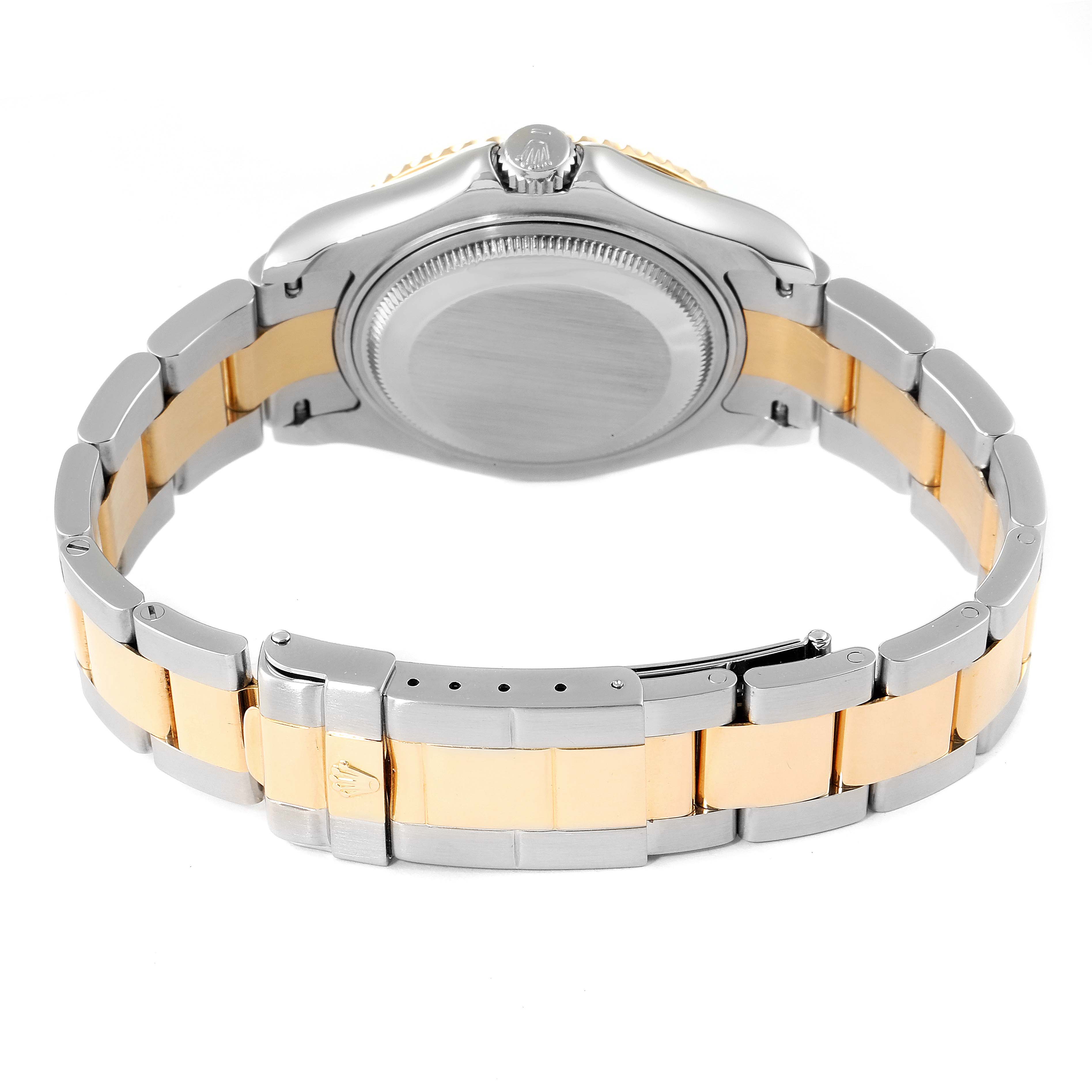The image shows the back and bracelet of the Rolex Yacht-Master 68623 Men
s Steel and Gold (two tone) White Dial 68623 Men
s Steel and Gold (two tone) White Dial watch, highlighting its two-tone metal design.