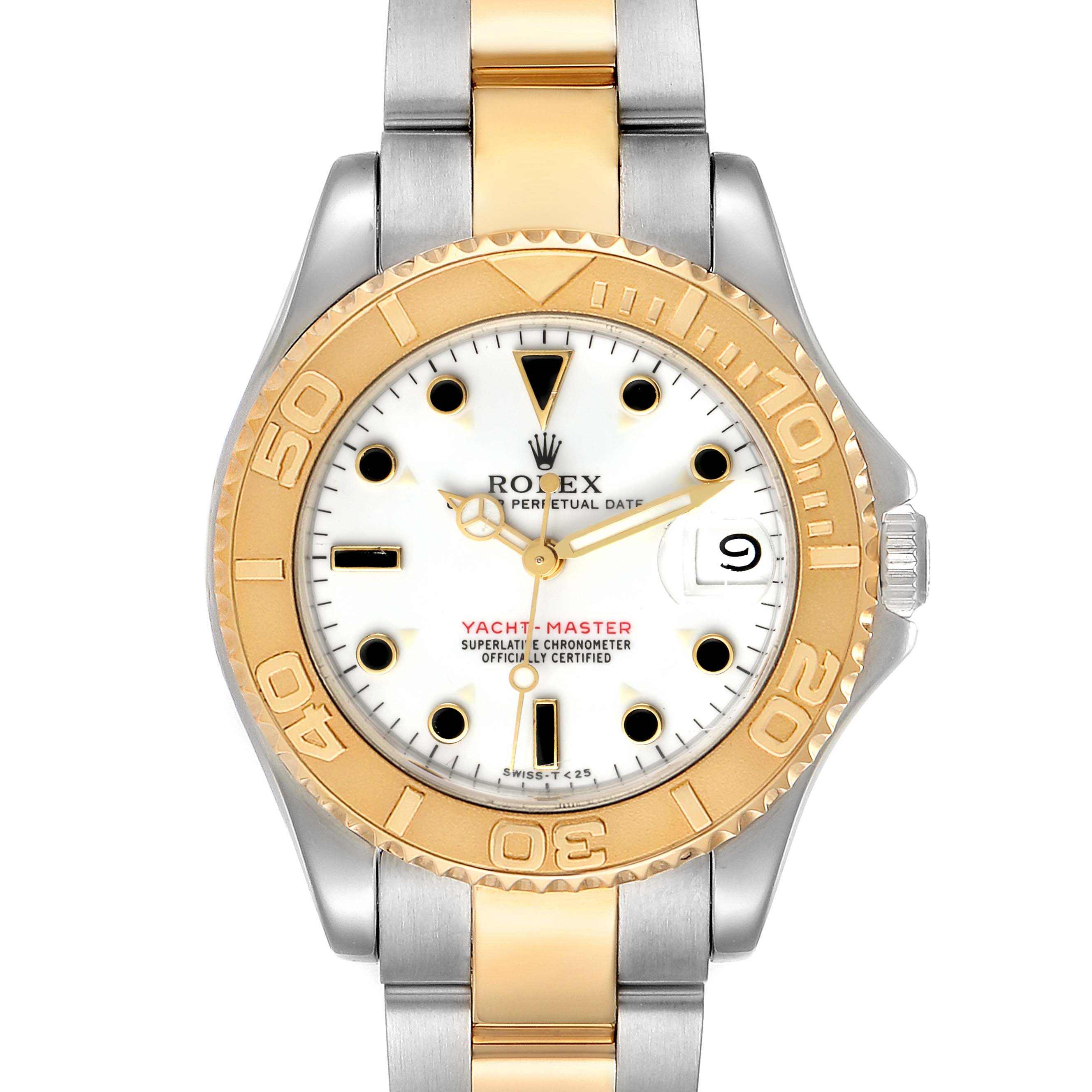 This image shows a front view of the Rolex Yacht-Master 68623 Men
s Steel and Gold (two tone) White Dial 68623 Men
s Steel and Gold (two tone) White Dial watch, highlighting the face, bezel, and bracelet.