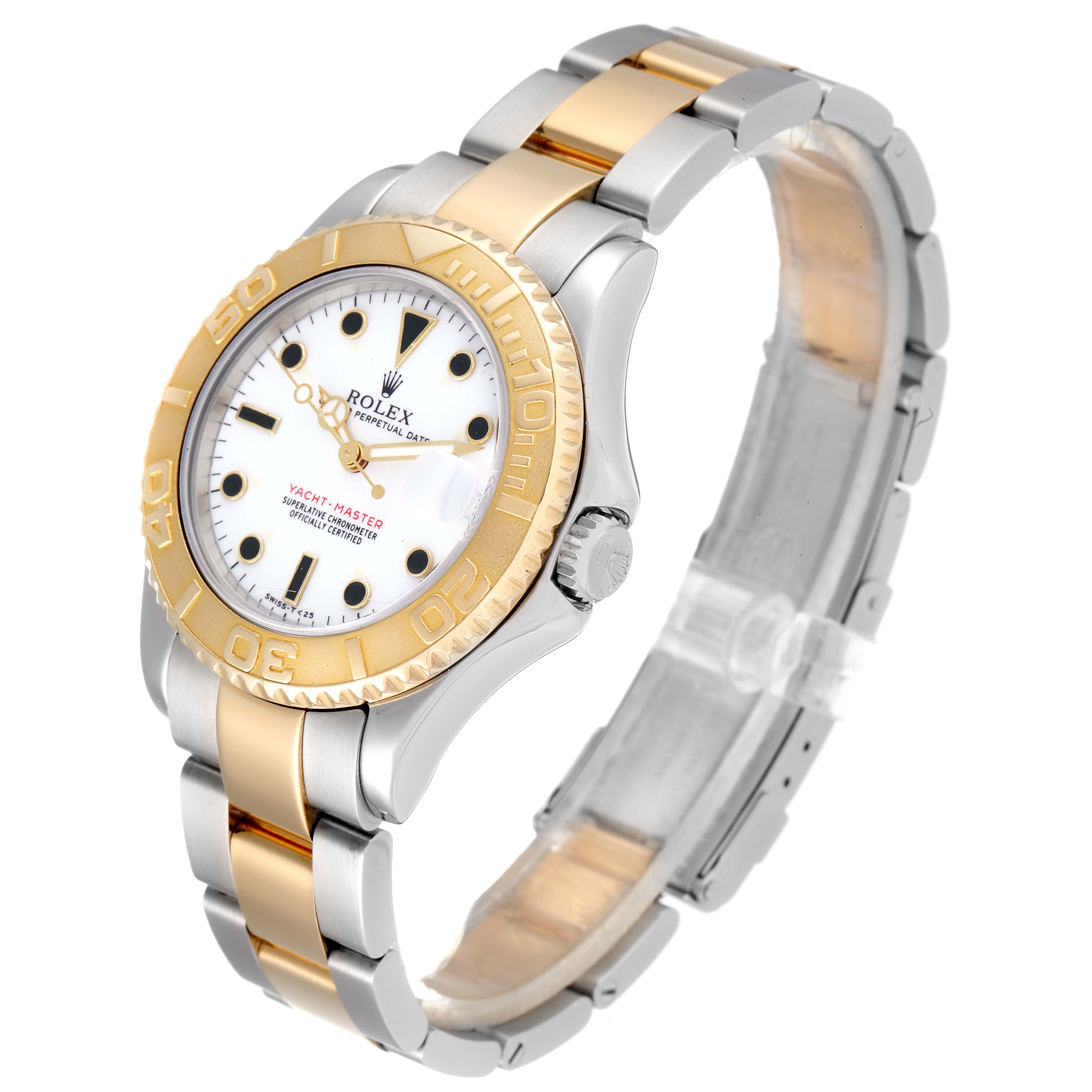 This image shows a Rolex Yacht-Master 68623 Men
s Steel and Gold (two tone) White Dial 68623 Men
s Steel and Gold (two tone) White Dial watch at an angle highlighting its face, bezel, and two-tone bracelet.