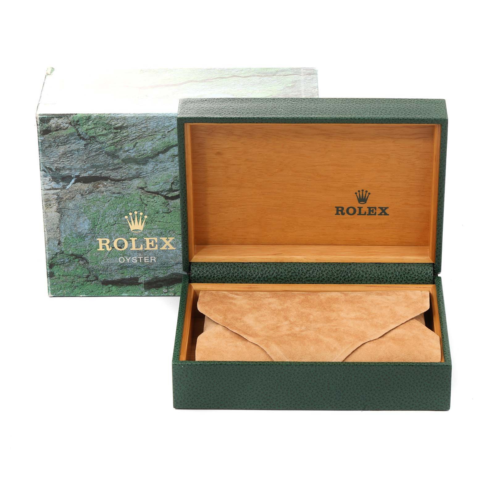 The image shows a green Rolex Yacht-Master 68623 Men
s Steel and Gold (two tone) White Dial 68623 Men
s Steel and Gold (two tone) White Dial watch box, open, displaying the interior with a protective suede pouch.