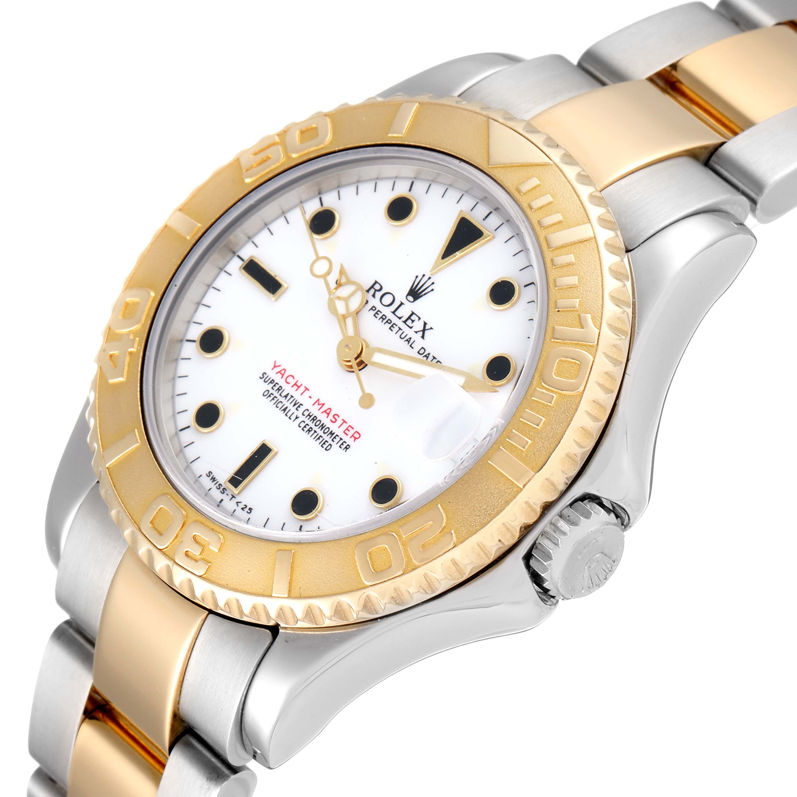 This Rolex Yacht-Master 68623 Men
s Steel and Gold (two tone) White Dial 68623 Men
s Steel and Gold (two tone) White Dial model is shown at a slight angle, highlighting the bezel, dial, bracelet, and crown.