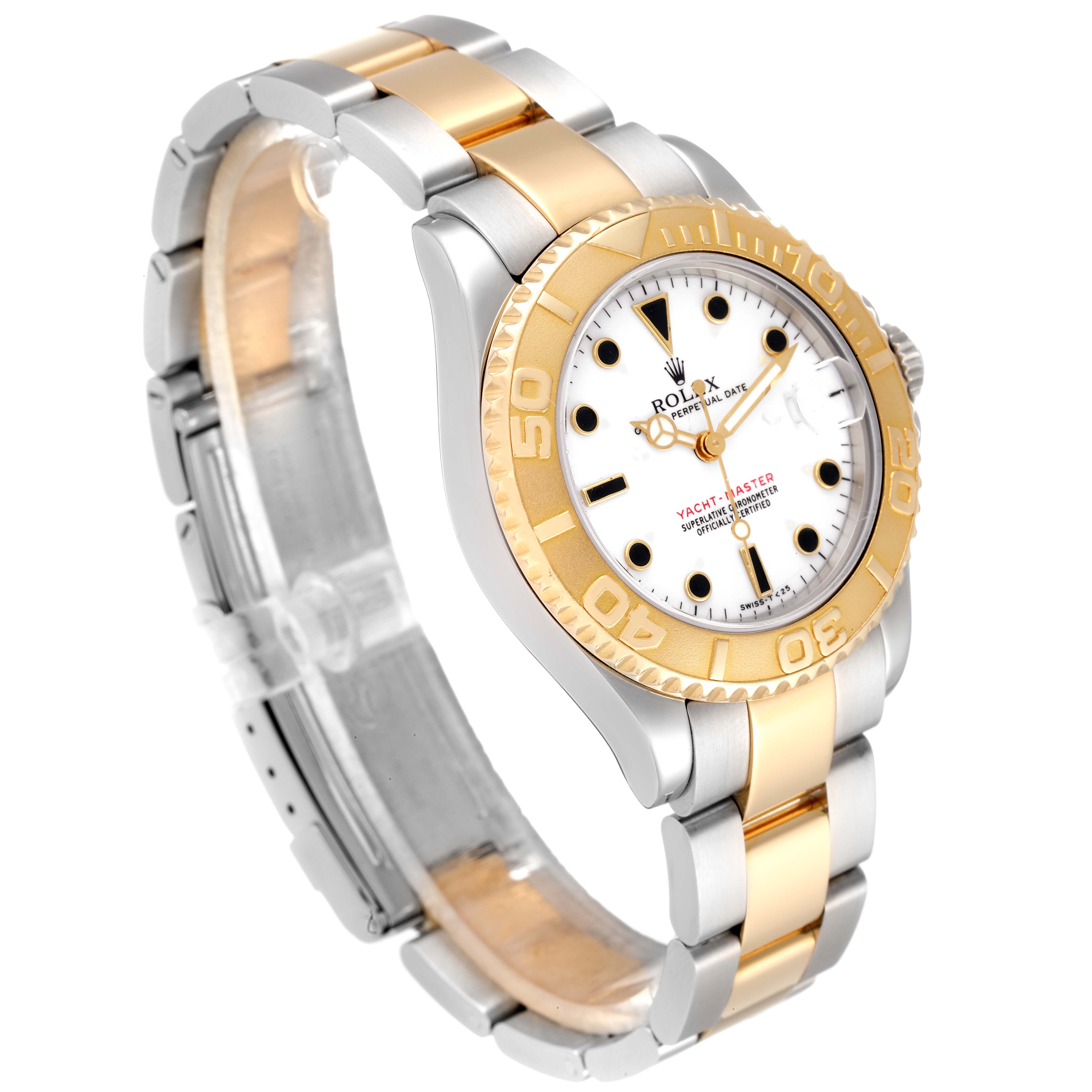 The Rolex Yacht-Master 68623 Men
s Steel and Gold (two tone) White Dial 68623 Men
s Steel and Gold (two tone) White Dial watch is shown at an angle showcasing the face, bezel, and part of the bracelet.