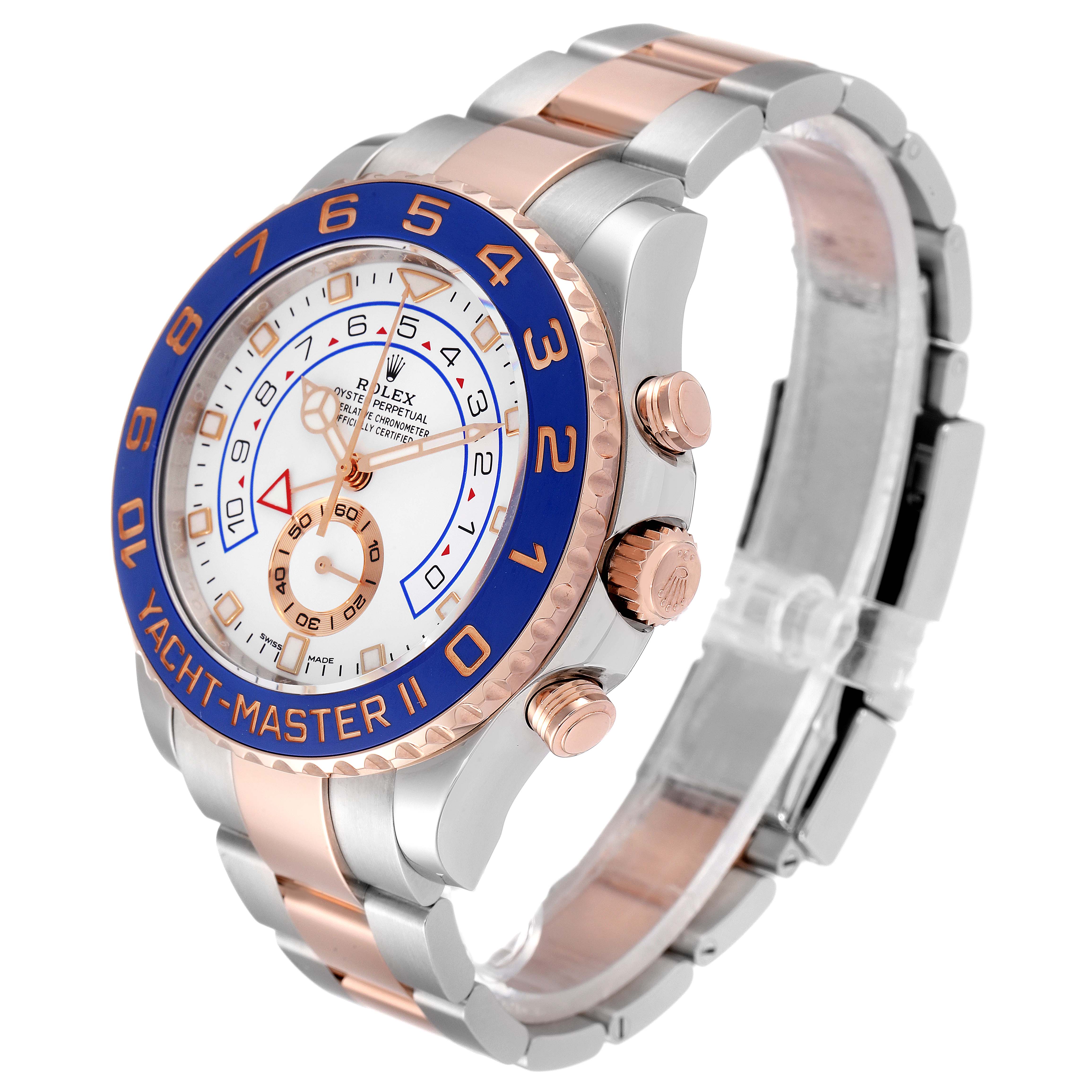 The Rolex Yacht-Master 116681 Men
s Steel and Gold (two tone) White Dial 116681 Men
s Steel and Gold (two tone) White Dial watch is shown at an angle highlighting its face, band, crown, and pushers.
