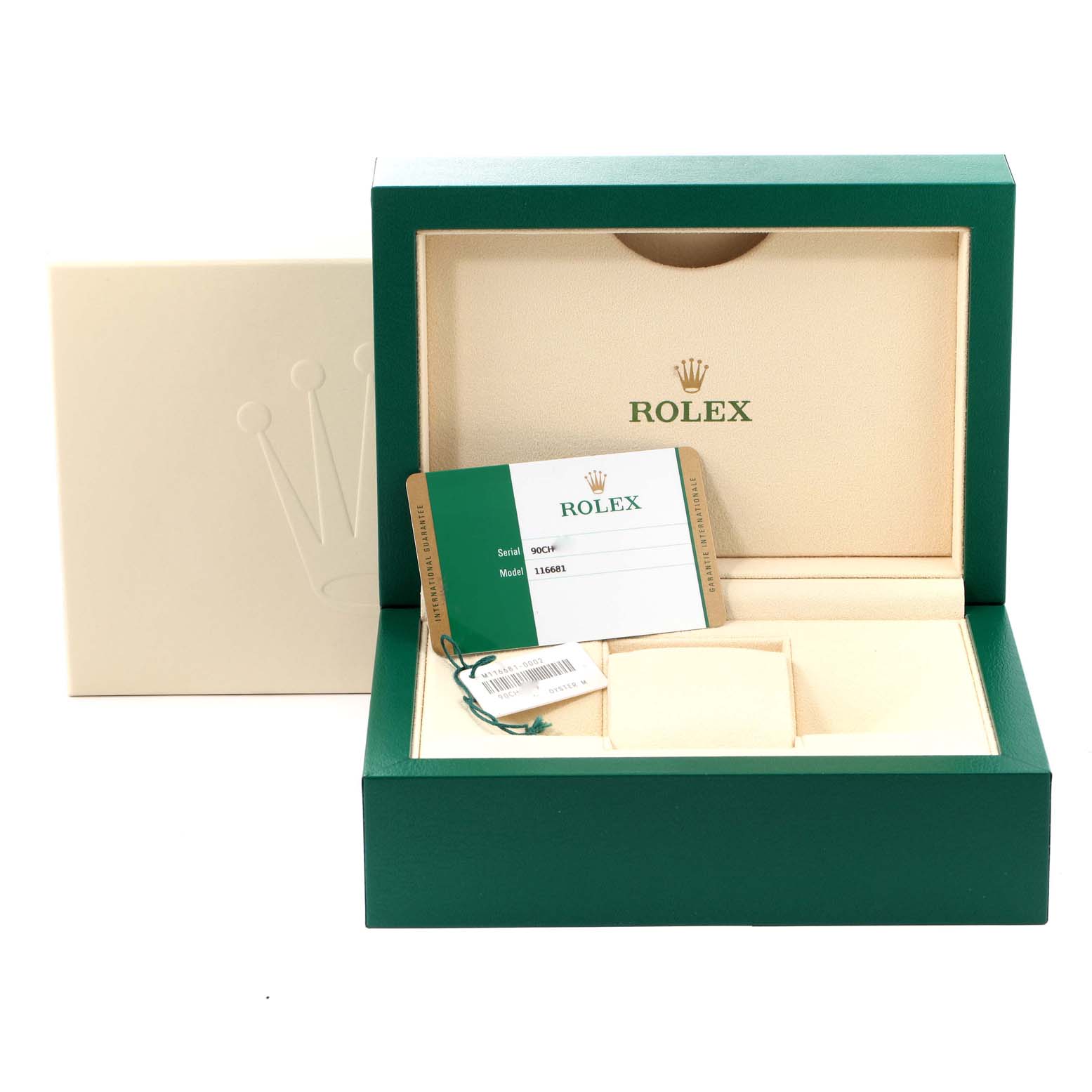 The image shows the open box and accessories, including the warranty card, for the Rolex Yacht-Master 116681 Men
s Steel and Gold (two tone) White Dial 116681 Men
s Steel and Gold (two tone) White Dial model.