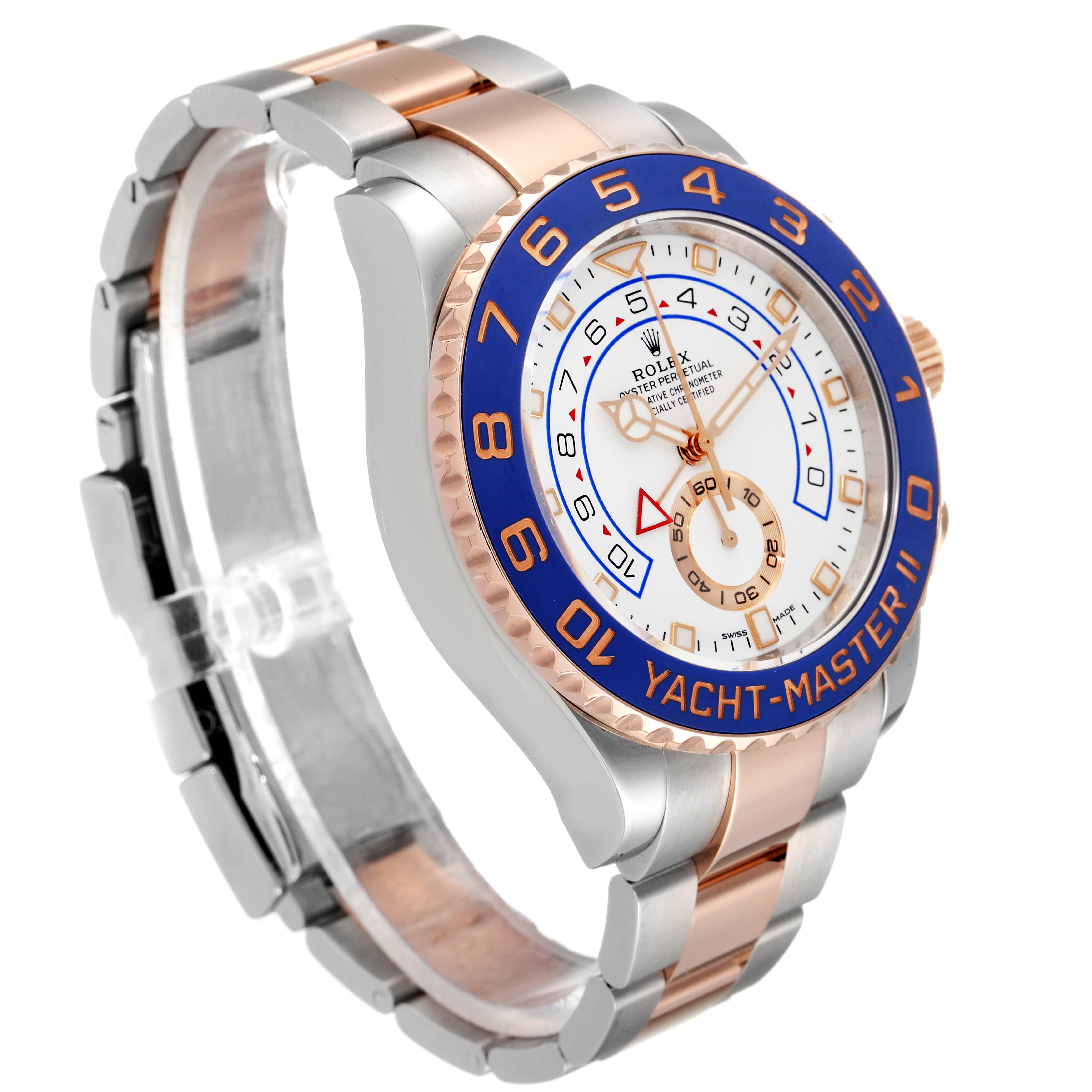 The image shows a Rolex Yacht-Master 116681 Men
s Steel and Gold (two tone) White Dial 116681 Men
s Steel and Gold (two tone) White Dial II watch from a three-quarter angle, highlighting its bezel, dial, and bracelet.