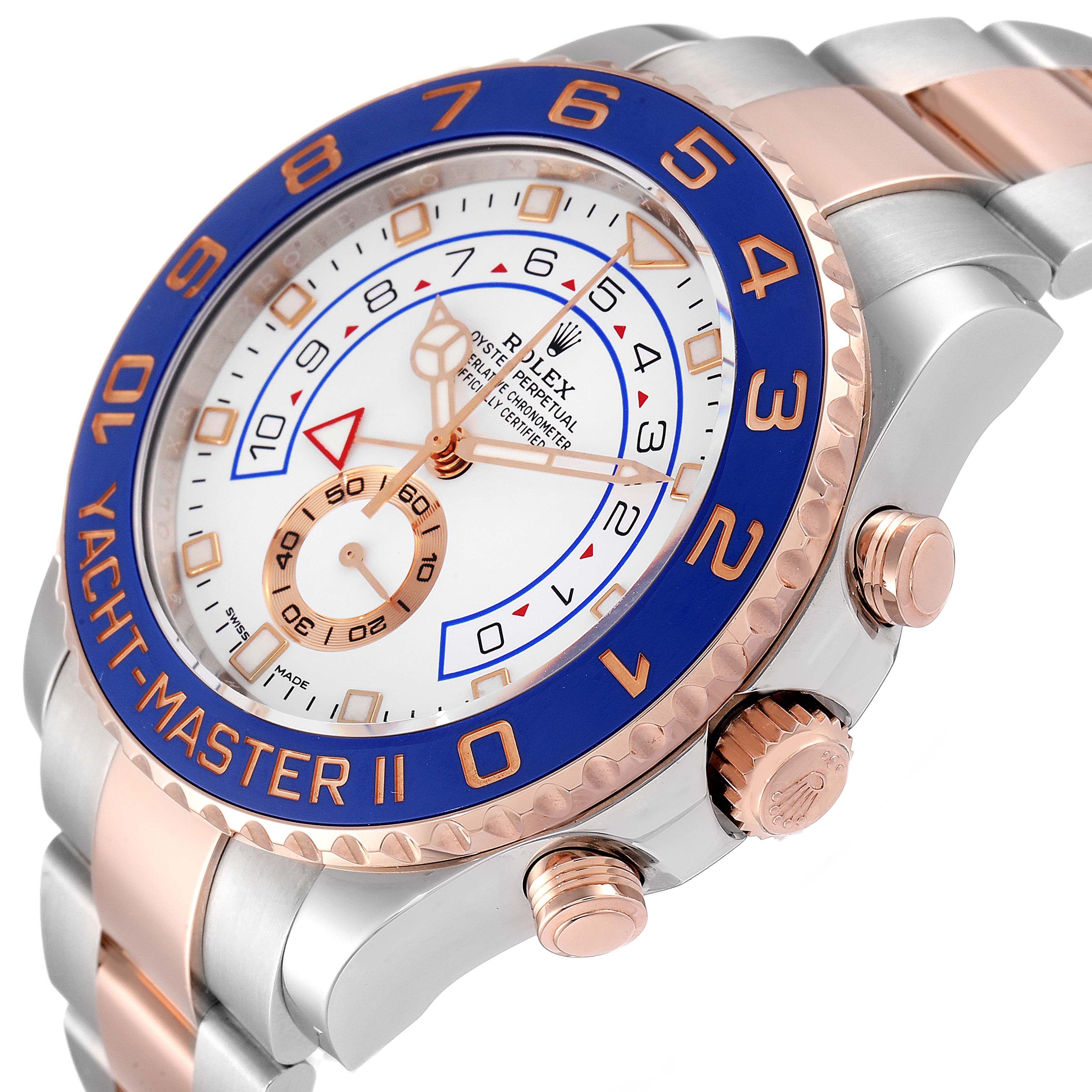 The image shows a Rolex Yacht-Master 116681 Men
s Steel and Gold (two tone) White Dial 116681 Men
s Steel and Gold (two tone) White Dial watch at an angled side view, highlighting its dial, bezel, and crown.