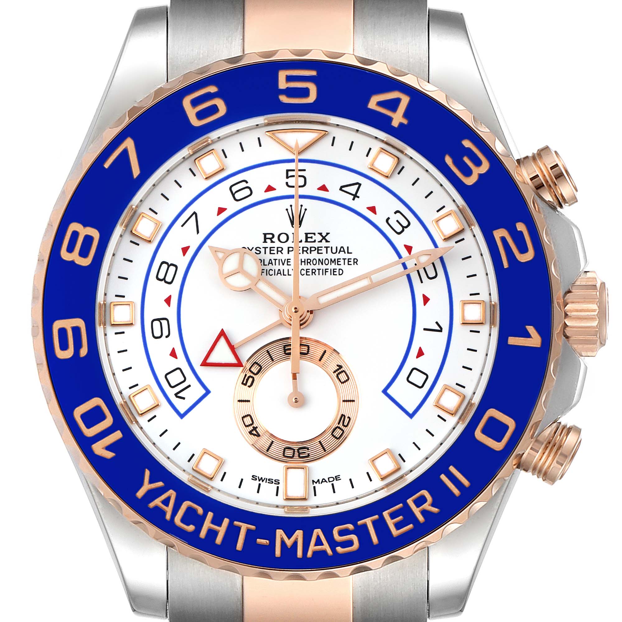 This image shows a close-up frontal view of the Rolex Yacht-Master 116681 Men
s Steel and Gold (two tone) White Dial 116681 Men
s Steel and Gold (two tone) White Dial II watch, highlighting the dial and bezel.