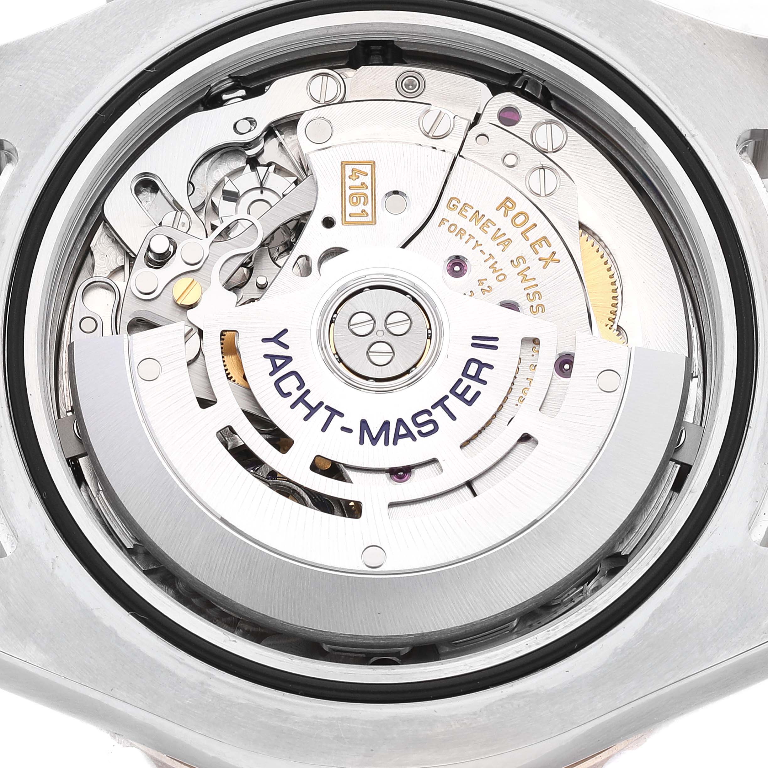 The image shows the movement mechanism of a Rolex Yacht-Master 116681 Men
s Steel and Gold (two tone) White Dial 116681 Men
s Steel and Gold (two tone) White Dial II watch from a top-down angle.