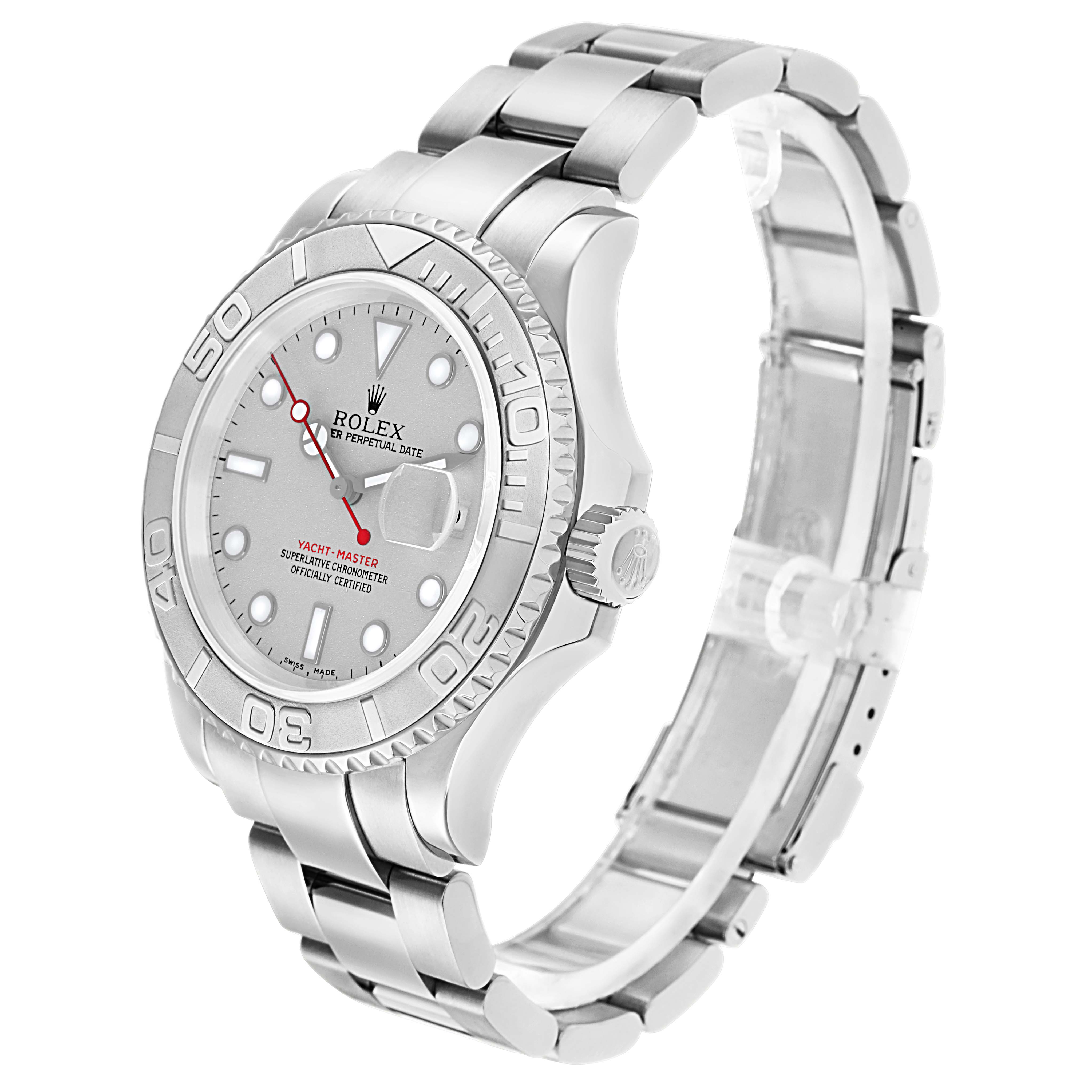 The Rolex Yacht-Master 16622 Men
s Stainless Steel Grey Dial 16622 Men
s Stainless Steel Grey Dial is shown at a three-quarter angle, highlighting the dial, bezel, and stainless steel bracelet.