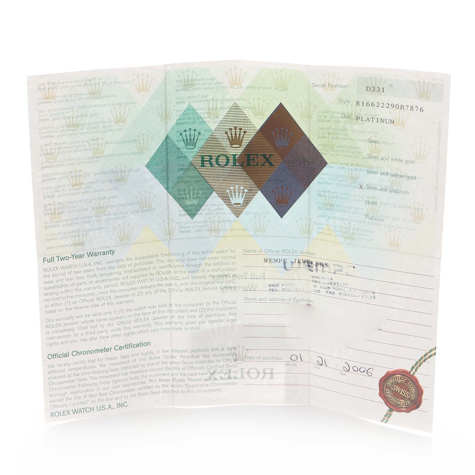 The image shows a warranty and certification paper for a Rolex Yacht-Master 16622 Men
s Stainless Steel Grey Dial 16622 Men
s Stainless Steel Grey Dial watch, displaying the brand’s logo and details.