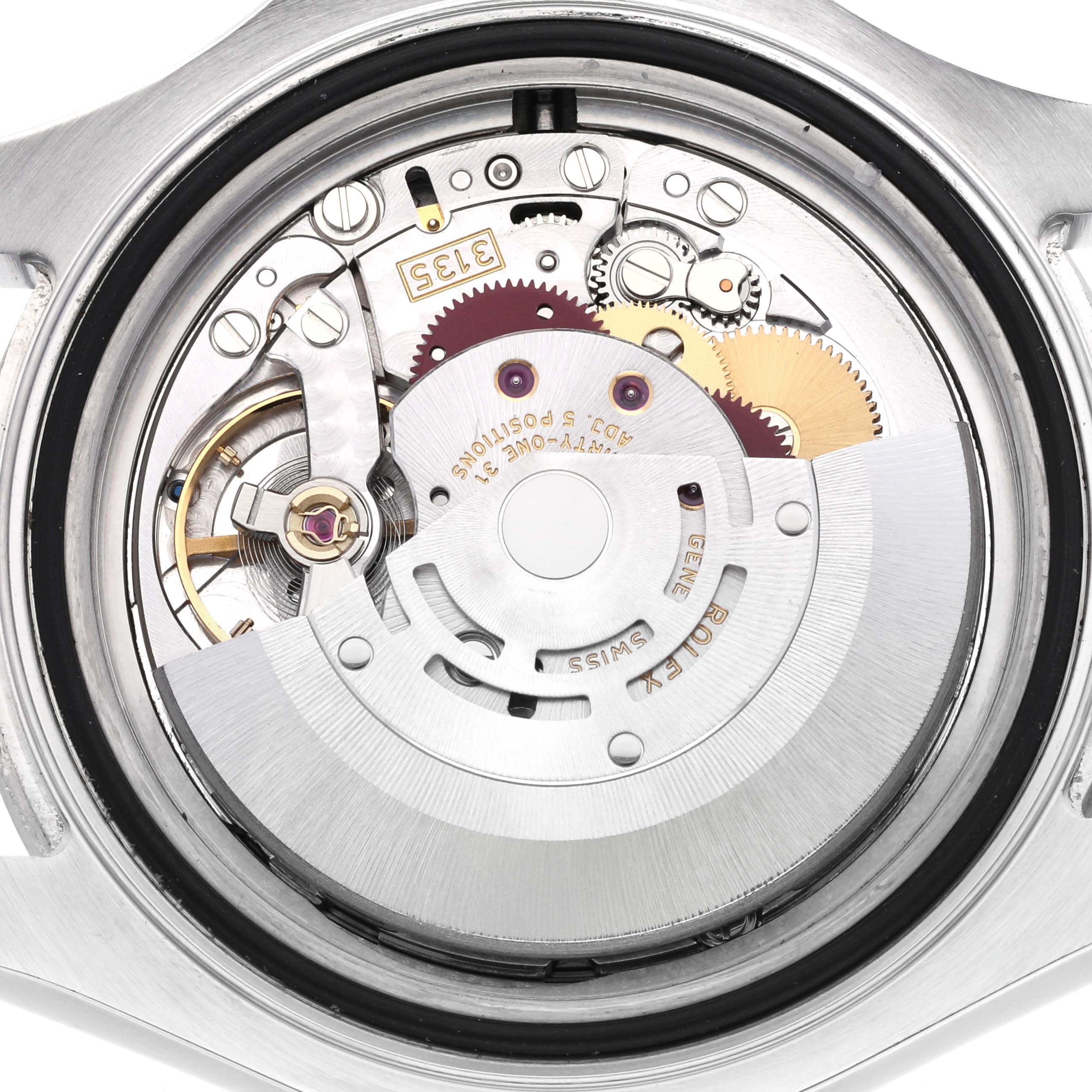 The image shows a close-up of the movement inside a Rolex Yacht-Master 16622 Men
s Stainless Steel Grey Dial 16622 Men
s Stainless Steel Grey Dial watch from the back.