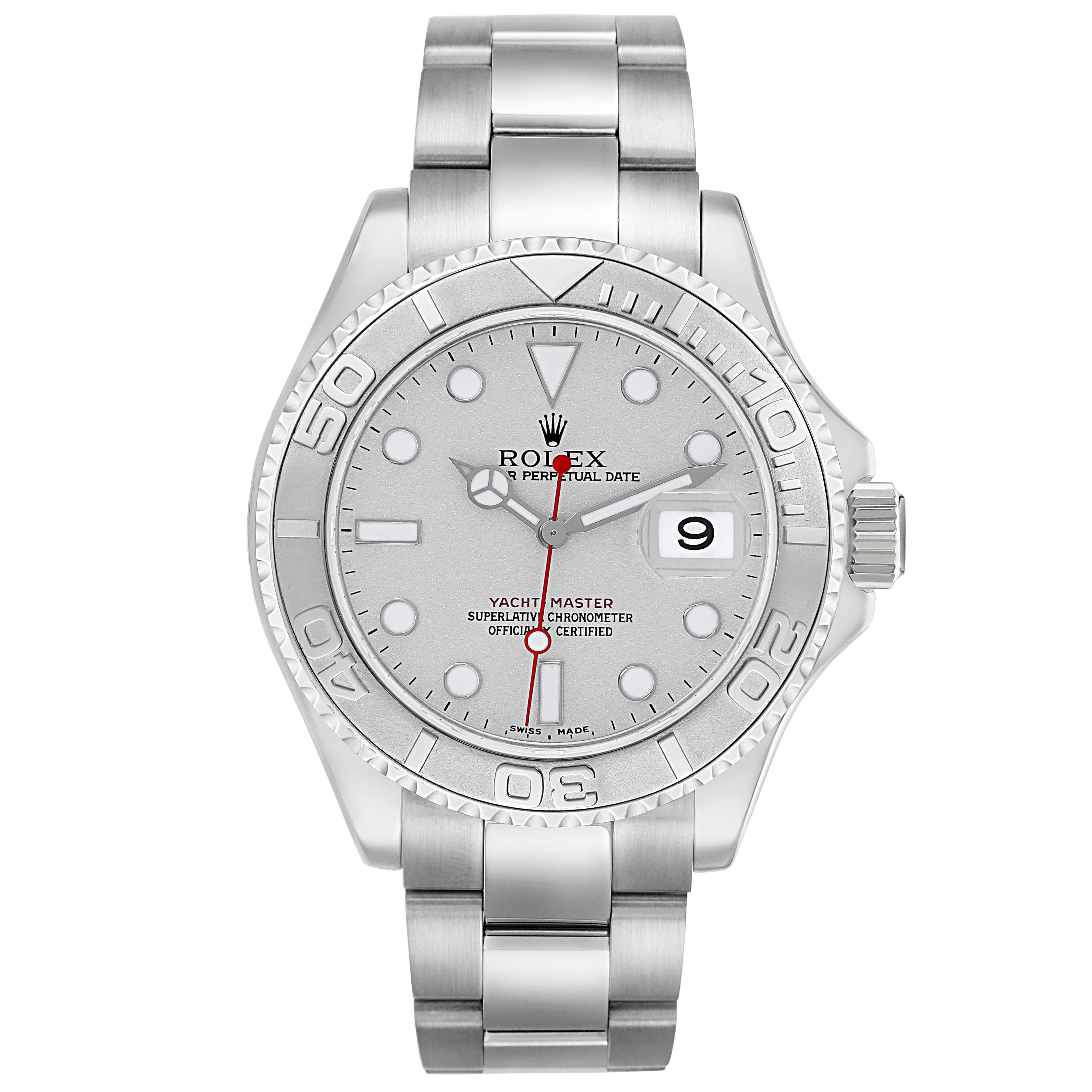 The Rolex Yacht-Master 16622 Men
s Stainless Steel Grey Dial 16622 Men
s Stainless Steel Grey Dial watch is shown from the front, displaying the dial, bezel, bracelet, and crown.