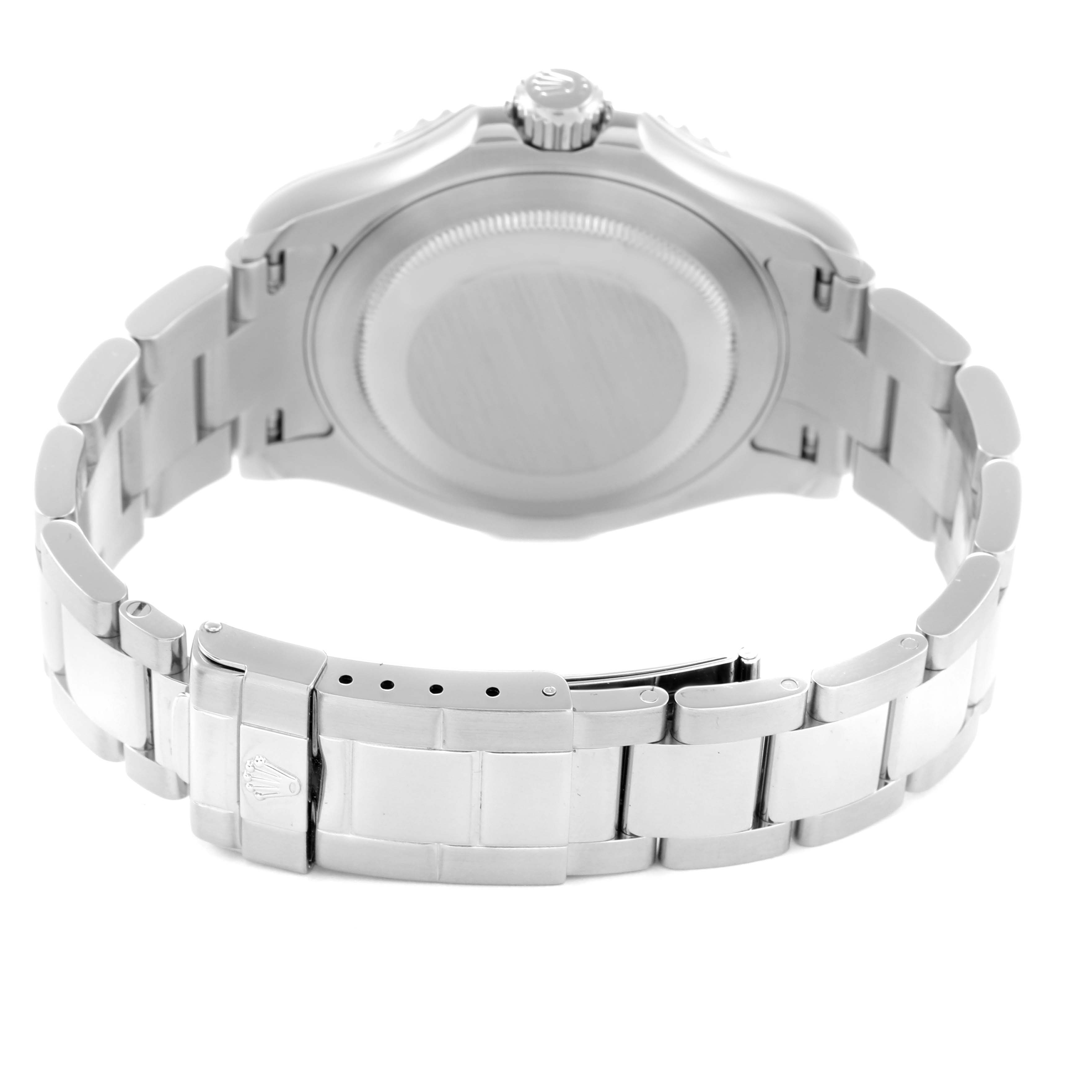 The image shows the back view of the Rolex Yacht-Master 16622 Men
s Stainless Steel Grey Dial 16622 Men
s Stainless Steel Grey Dial watch, highlighting the bracelet and clasp.