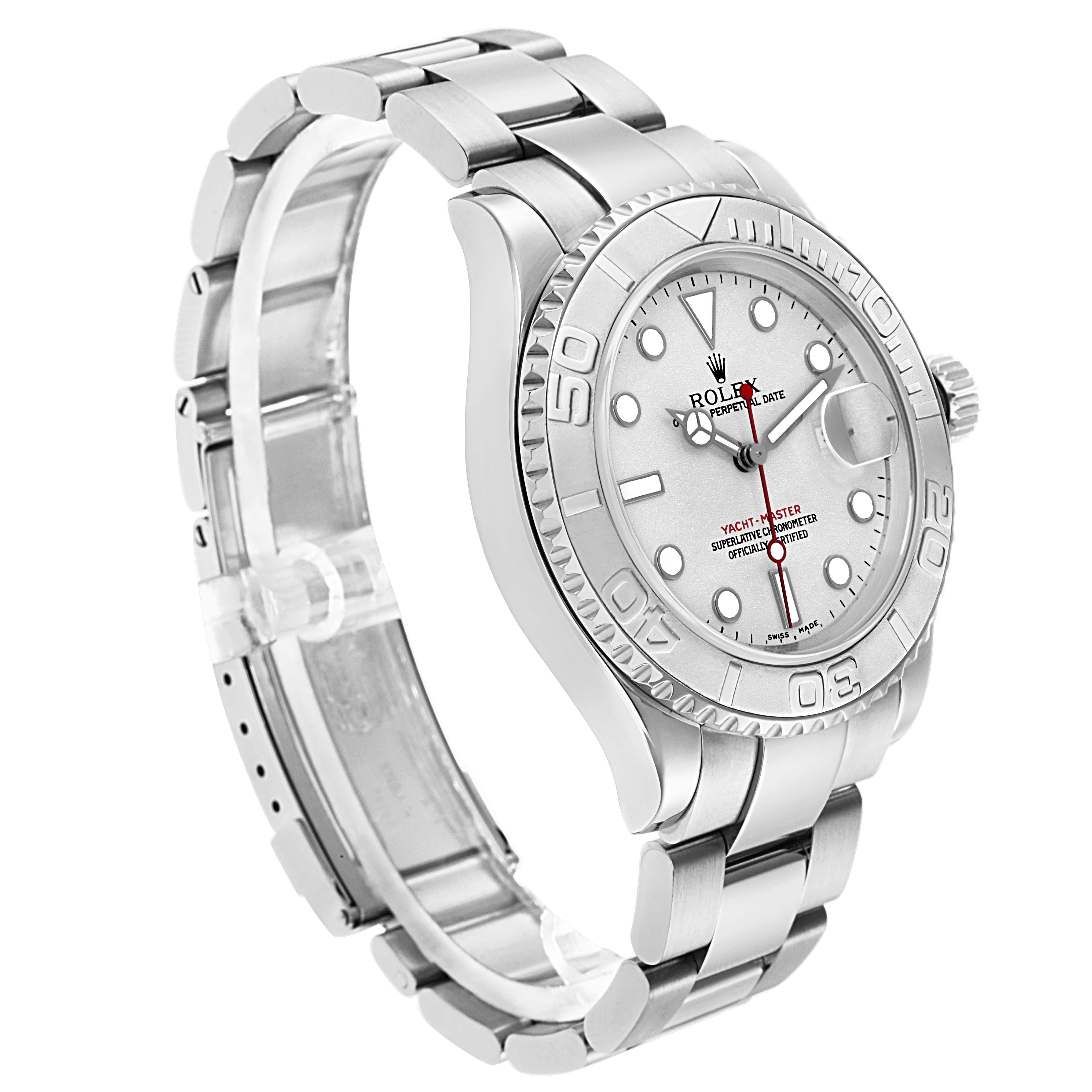 The Rolex Yacht-Master 16622 Men
s Stainless Steel Grey Dial 16622 Men
s Stainless Steel Grey Dial watch is shown at an angled side view, highlighting the bezel, dial, crown, and bracelet.