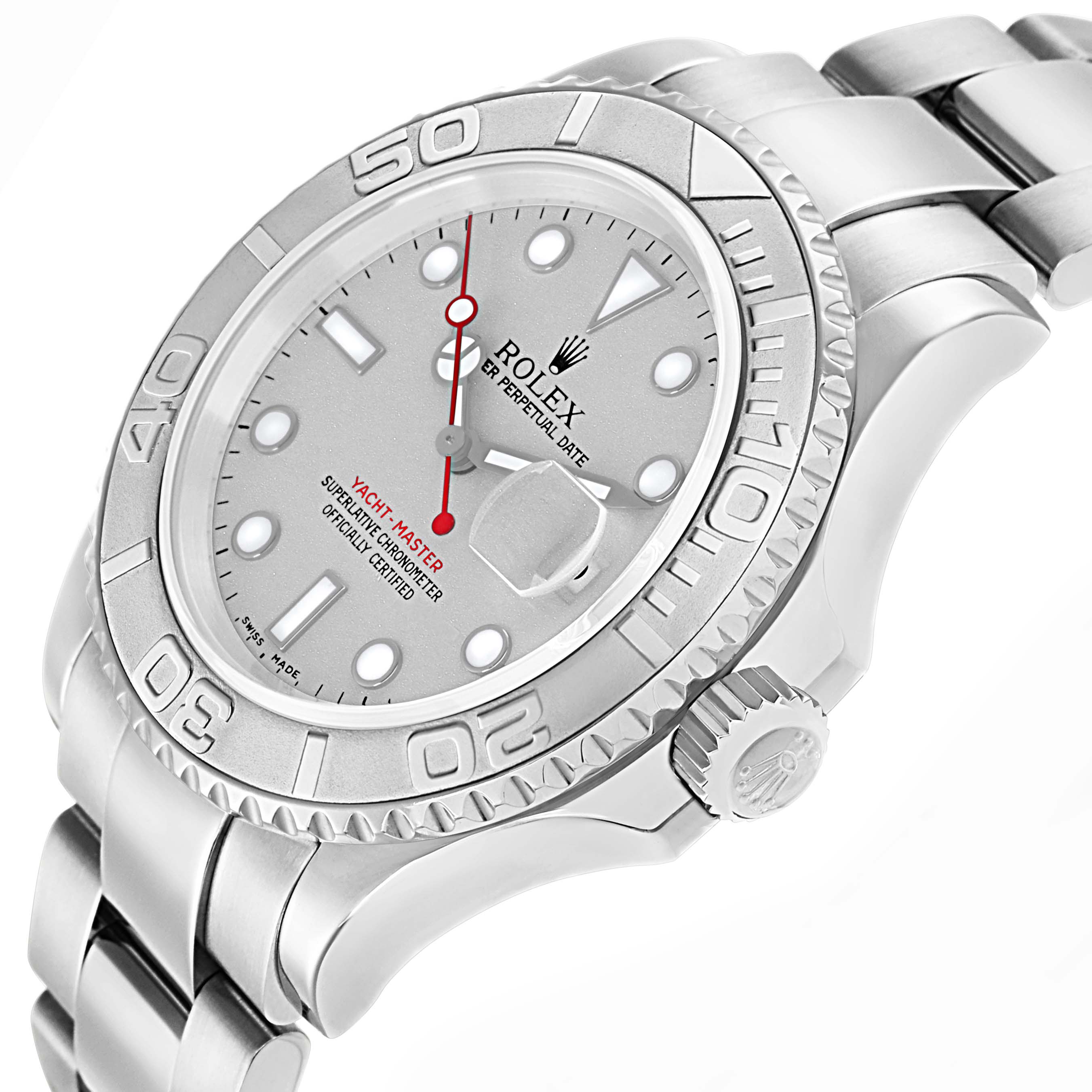 The Rolex Yacht-Master 16622 Men
s Stainless Steel Grey Dial 16622 Men
s Stainless Steel Grey Dial watch is shown at an angled view, highlighting the bezel, dial, crown, and part of the bracelet.