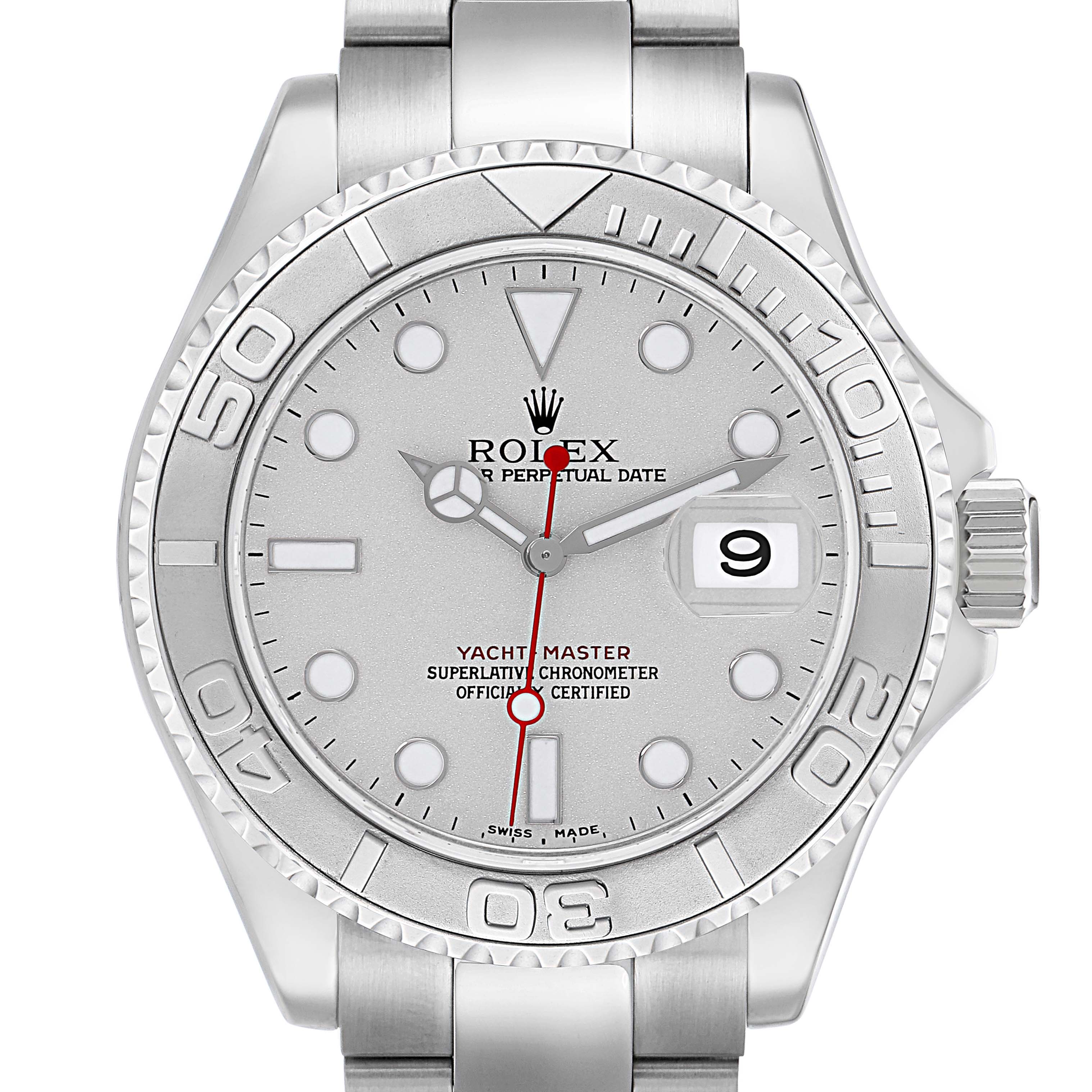 The image shows a front view of a Rolex Yacht-Master 16622 Men
s Stainless Steel Grey Dial 16622 Men
s Stainless Steel Grey Dial watch, detailing the dial, bezel, and crown.