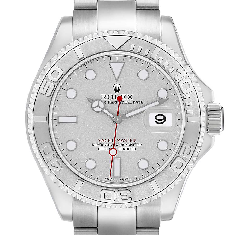 The image shows a front view of a Rolex Yacht-Master watch, detailing the dial, bezel, and crown.