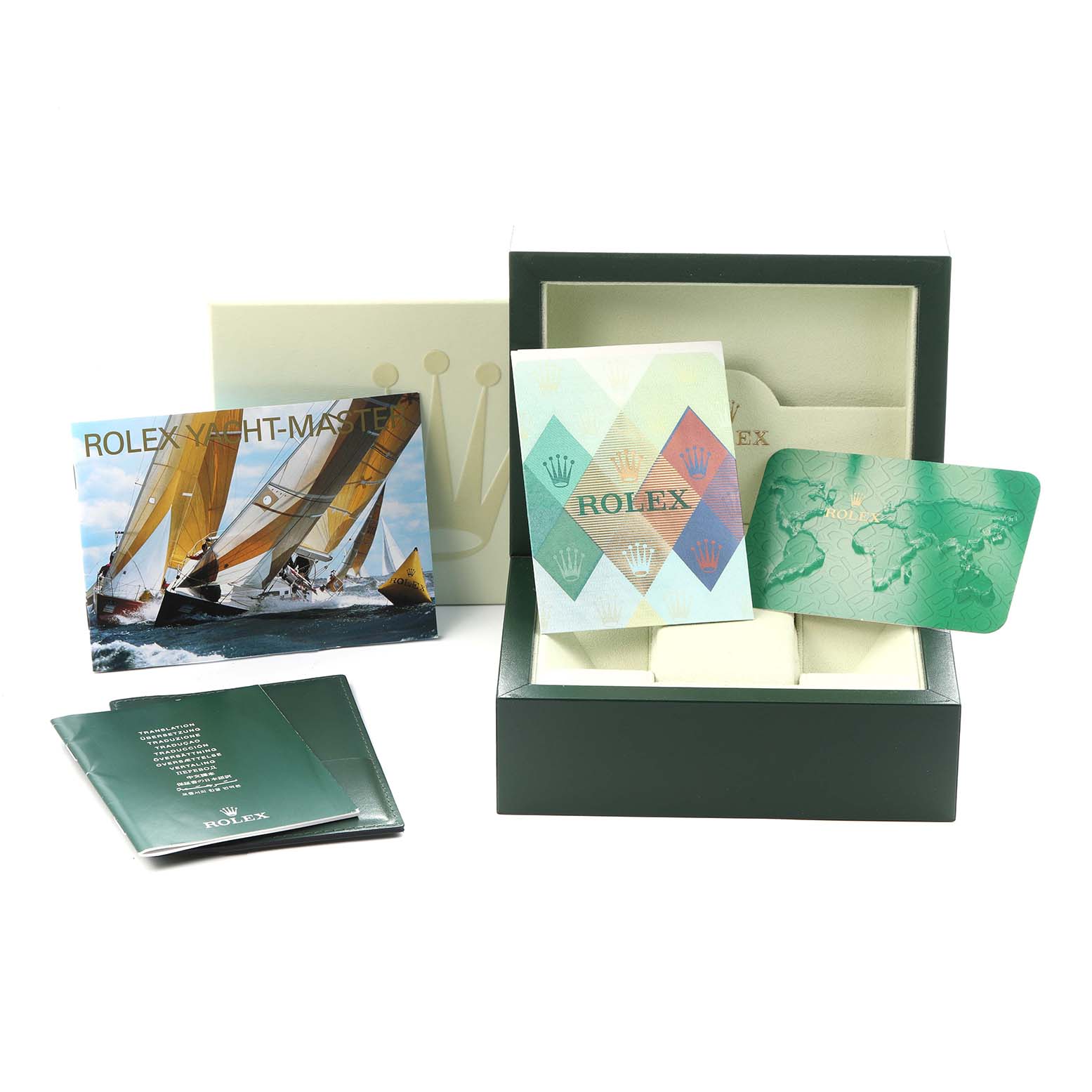 The image shows a Rolex Yacht-Master 16622 Men
s Stainless Steel Grey Dial 16622 Men
s Stainless Steel Grey Dial box, warranty card, and manuals arranged at an angle.